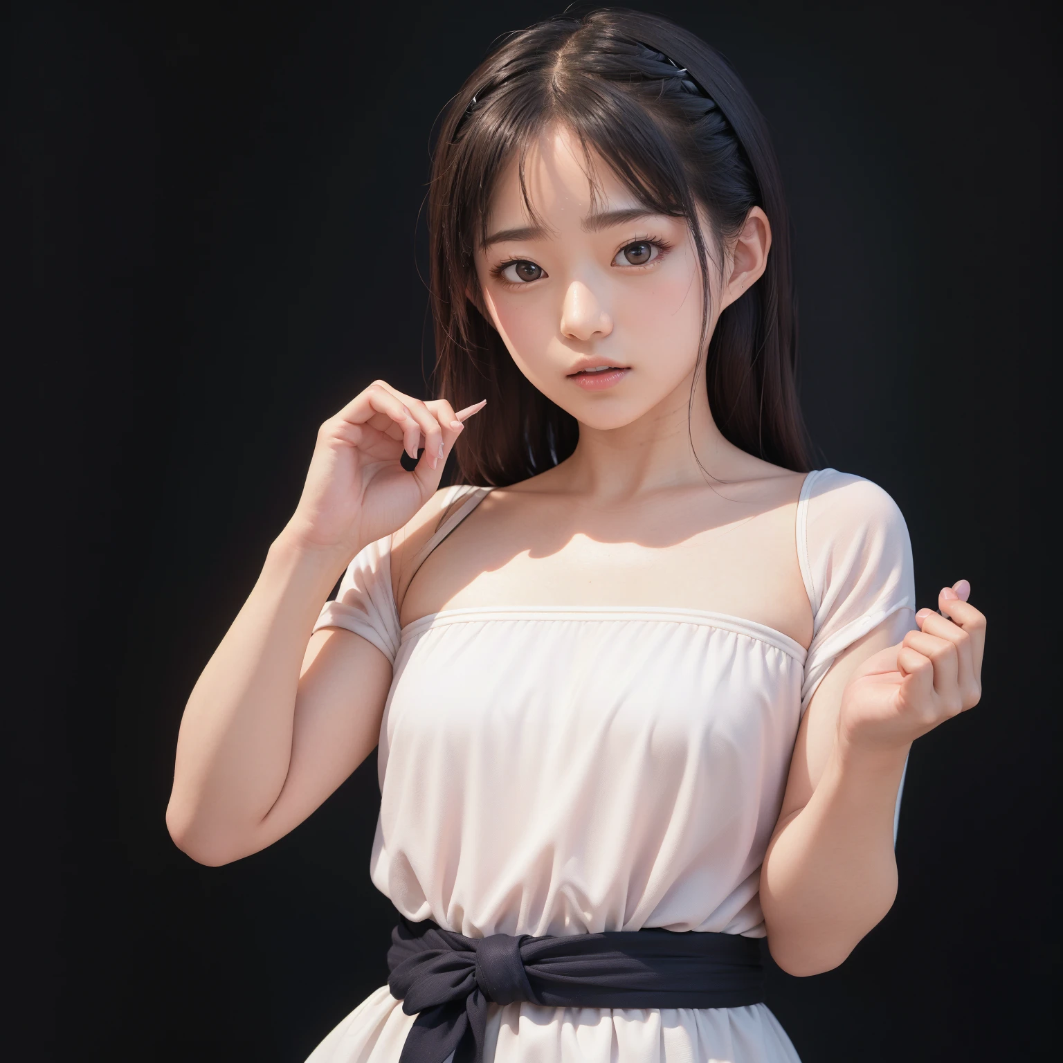 Top Quality, Ultra High Definition, (Photorealistic: 1.4), 1 girl, off-the-shoulder white shirt, black tight skirt, black choker, (faded ash-gray hair: 1), look viewer, close-up, slender legs, small breasts