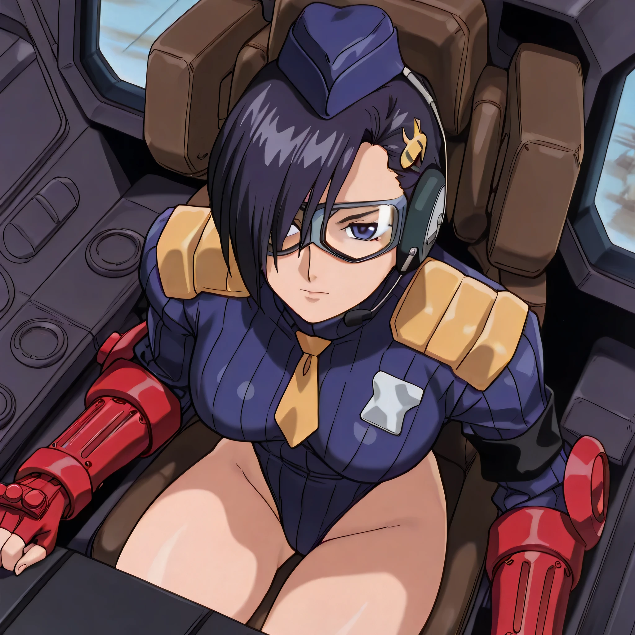 (((Masterpiece))), (((Best Quality))), ((Super Detail)), ultra-High resolution, score_9,score_8_up,score_7_up,score_6_up,score_5_up,score_4_up, BREAK, source_anime, anime screencap, uncensored, Masterpiece, (best shadow), (absurdres), (detailed background), (very aesthetic), shiny, detailed beautiful eyes, outstanding, countershading, detailed soft lighting, an exquisite animation illustration, curvy,  highres, shiny clothing, shadaloo dolls, red gloves, hat, fingerless gloves, gauntlet, red gauntlet, leotard, cosplay, highleg, highleg leotard, garrison cap, dark persona, ribbed leotard, yellow necktie, (((solo, 1girl))), hair ornament, seductive pose, submissive pose, anime style, anime coloring, animification, megami magazine, sexy pose, dynamic angle, cinematic angle, dutch angle, dynamic composition, medium breast, retro artstyle, 1990s, lucrezianoin, black hair, short hair, solo, blue eyes, hair over one eye, asymmetrical hair, purple eyes, expressionless, emotionless, cockpit, goggles, headset, looking from above, view from above, from above, straight-on, leaning forward, sitting, interior spaceship, serious, serious expression