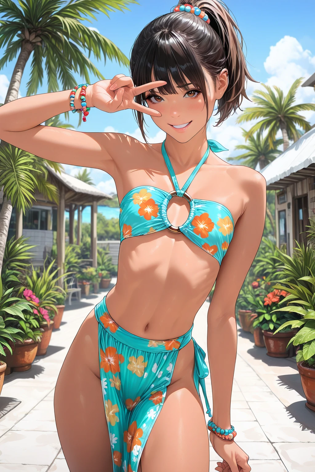 (honkai:_star_rail\) Subject: Woman in yellow tiger print  Additional details: Activity: Standing confidently on a beach or a poolside. Background: Sunny day with clear skies (add palm trees for a beach setting). Expression: Smiling and having fun. Pose: Full body shot that is flattering and appropriate for swimwear.