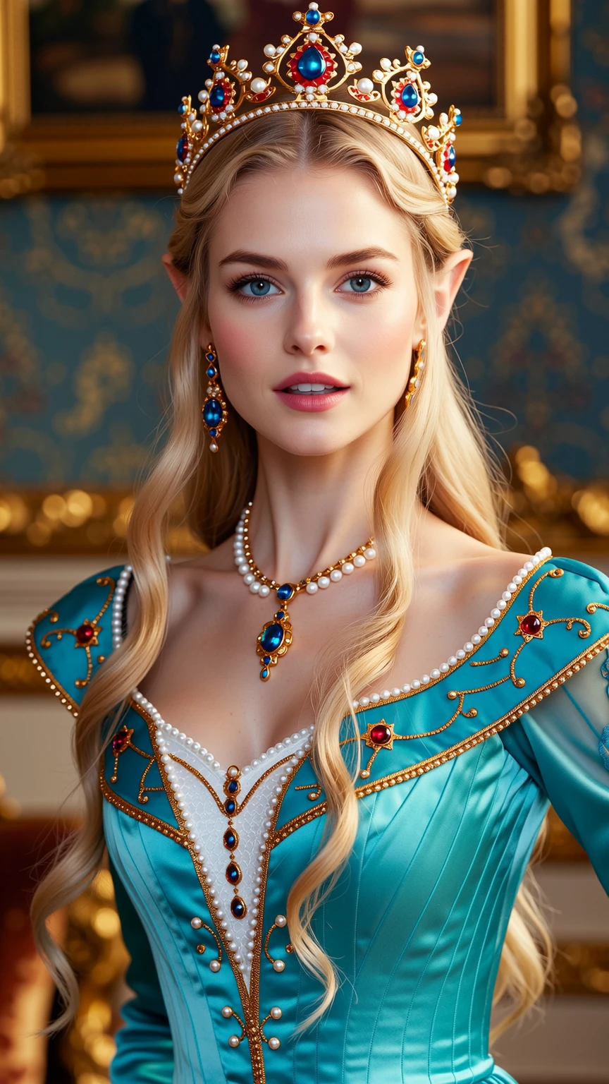 In the silent throne room of Arendor, Queen Isabella and Princess Eleanor await their enemy's arrival. The queen is described as having golden hair, green eyes, and always wears rich velvets and embroidered gowns. She wears a crown that symbolizes her rank and control over the court. Her daughter has similar golden hair but blue eyes filled with curiosity, hope, and ambition. The princess dresses in refined yet youthful attire favoring soft silks, pastel blues, and silver accents. She wears a delicate circlet signifying her status as the future queen.
