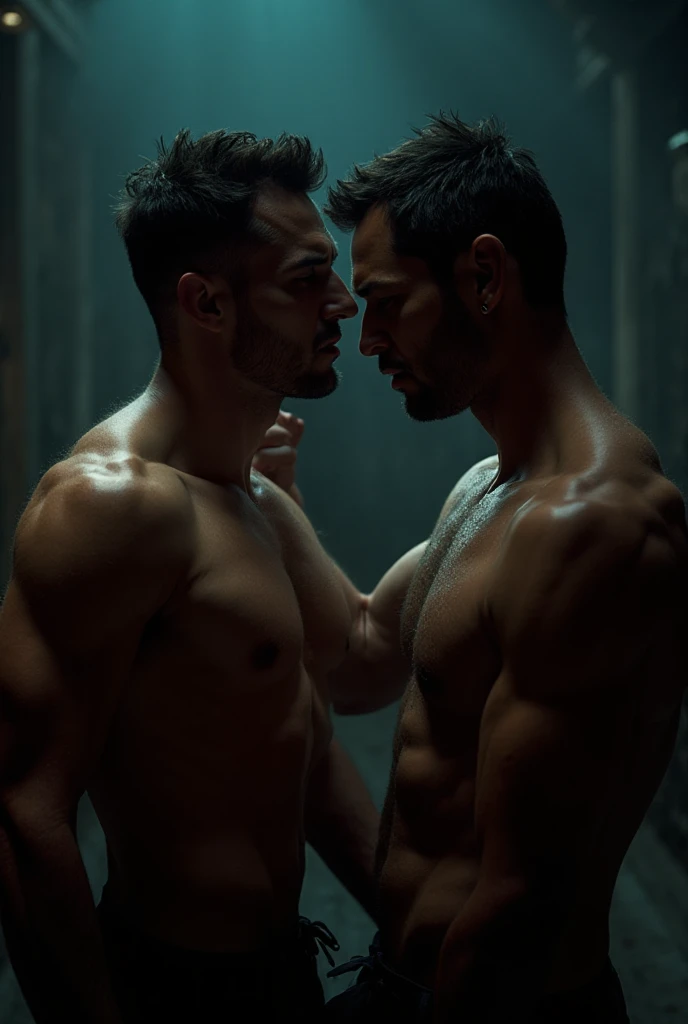 two muscular and very hairy men hugging and  while  their hairy armpits, They are both  and with their  very  and dripping   in a boxing ring wearing big shiny boxing gloves