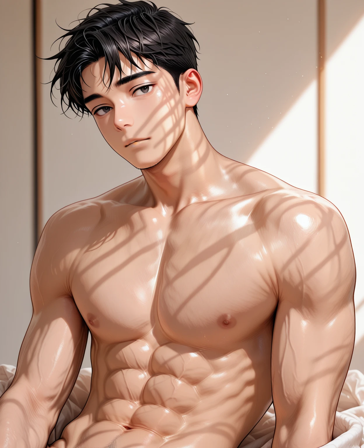 Create an image of a handsome anime boy wearing stylish . The character should have an attractive and confident appearance, with detailed features and a well-defined physique