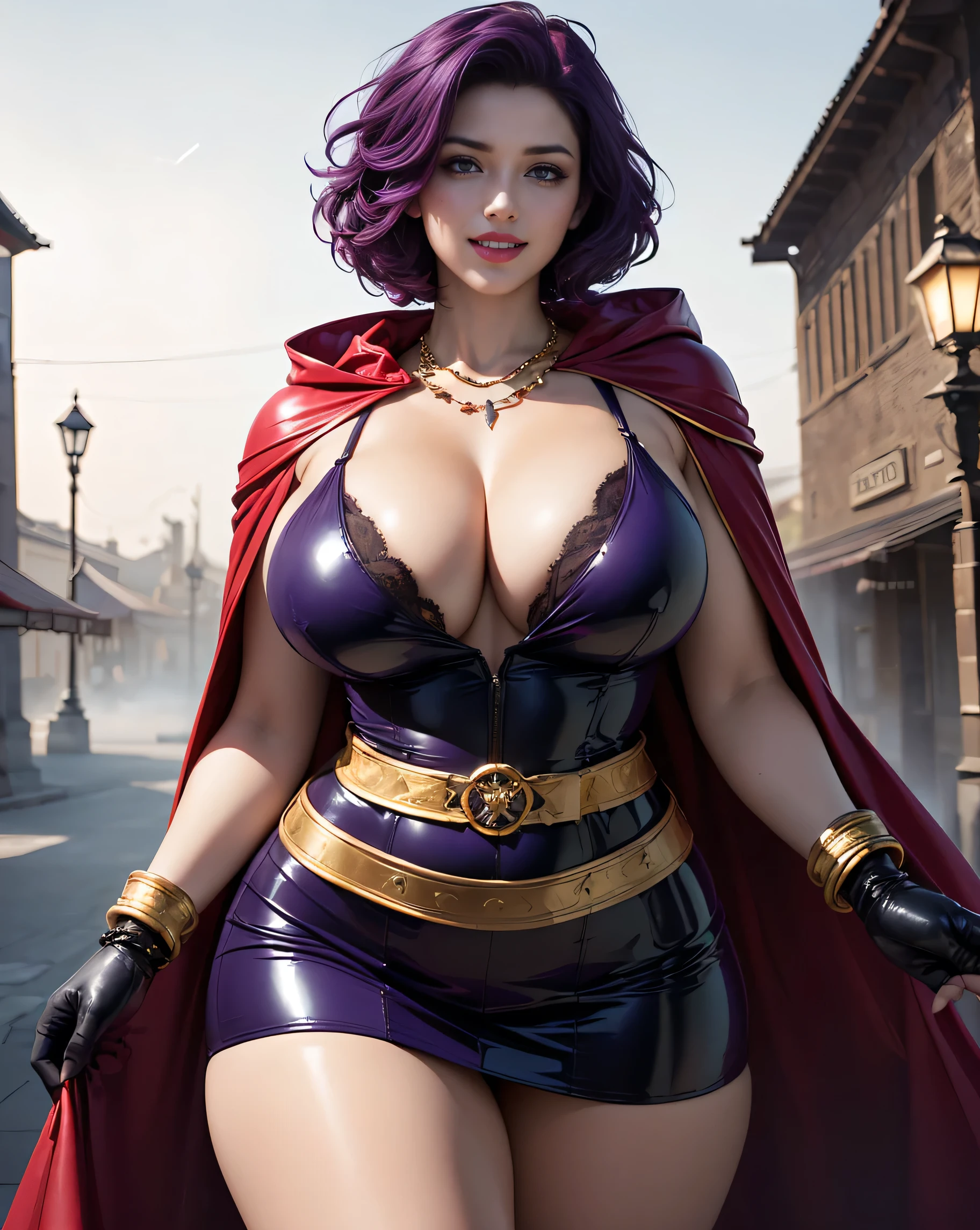 (masterpiece, top quality, best quality, official art, beautiful and aesthetic:1.2), (1girl:1.3), long and curly dark brown hair, extremely detailed, portrait, looking at viewer, solo, (full body:0.6), detailed background, close up, mischievous eyes, (warm summer castle theme:1.1), sorceress, charlatan, smirk, mysterious, walking in courtyard, revealing ((dark red)) sorcerer attire, red knee-length red  shoulder, straps, long sleeves, loose sleeves, cloak, corset, black leggings, black trousers, black pants, long brown boots, buckles, straps, pouches, (glowing magical energy, casting a spell), red fabric, white trim, ((((gigantic breasts, cleavage, )))), slim waist, slim hips, long legs, medieval (castle exterior:1.1) background, dark mysterious lighting, shadows, magical atmosphere, dutch angle