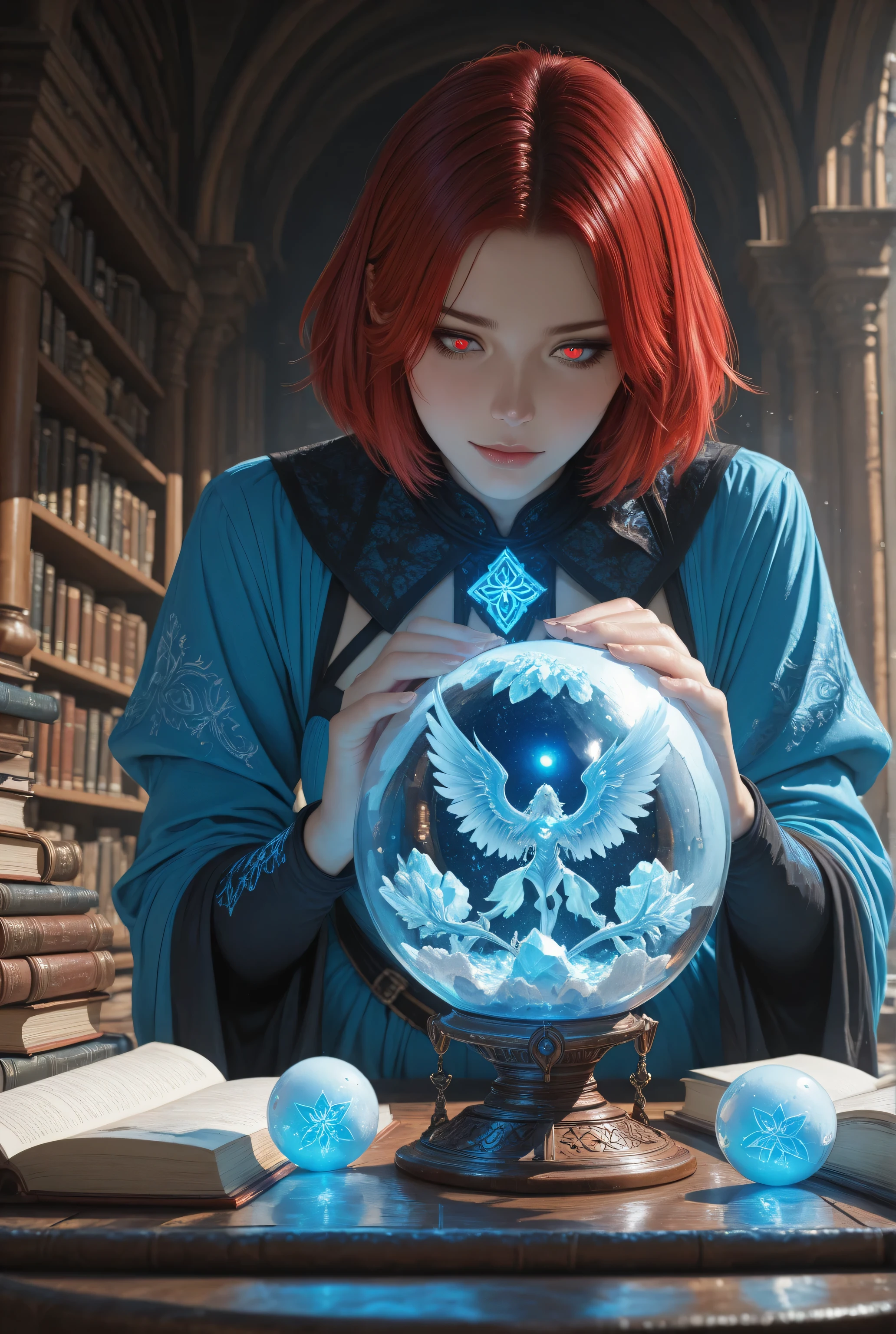 wearing a clothes,Contrast,masterpiece, best quality, very aesthetic, absurdres,,a picture of a human woman sorceress sittings in her magical lab, divining distant places in her snowy crystal ball, epic beautiful human woman, ultra detailed face , red hair, short hair, red eyes, dynamic dress, blue dress, magical library, with many books, and magical runes and wards, glowing arcane sigils , snowy crystal ball, on table, snowy runes on crystal balls, fantasy magical library background, high details, best quality, 16k, best detailed, masterpiece, best quality, (extremely detailed), photorealistic, fantasy art, RPG art,  , , Ultra-Wide Angle, high detail, award winning, best quality, HD, 16K, 3D rendering, high details, best quality, highres, ultra wide angle, 3D rendering, [[anatomically correct]]