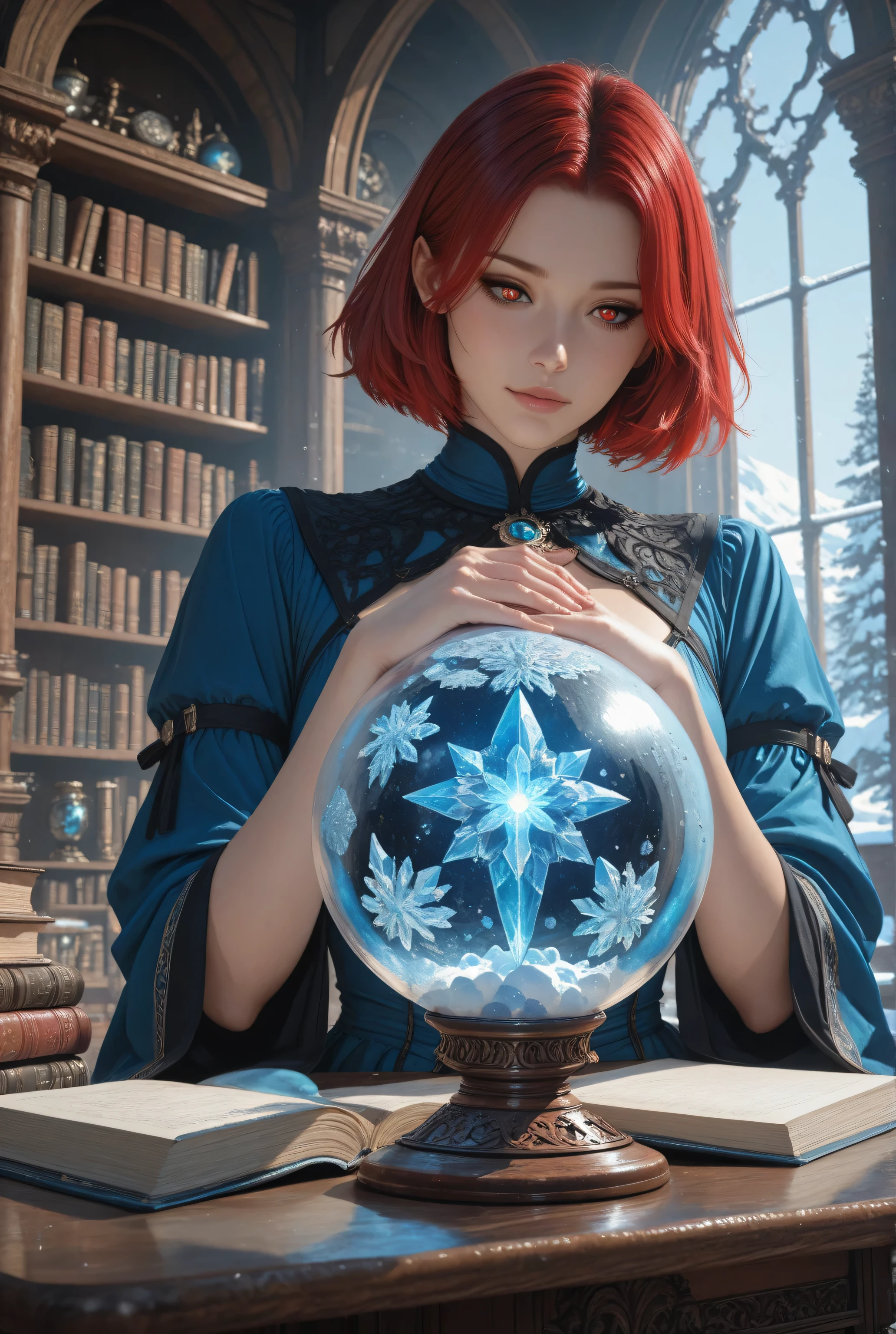 wearing a clothes,Contrast,masterpiece, best quality, very aesthetic, absurdres,,a picture of a human woman sorceress sittings in her magical lab, divining distant places in her snowy crystal ball, epic beautiful human woman, ultra detailed face , red hair, short hair, red eyes, dynamic dress, blue dress, magical library, with many books, and magical runes and wards, glowing arcane sigils , snowy crystal ball, on table, snowy runes on crystal balls, fantasy magical library background, high details, best quality, 16k, best detailed, masterpiece, best quality, (extremely detailed), photorealistic, fantasy art, RPG art,  , , Ultra-Wide Angle, high detail, award winning, best quality, HD, 16K, 3D rendering, high details, best quality, highres, ultra wide angle, 3D rendering, [[anatomically correct]]