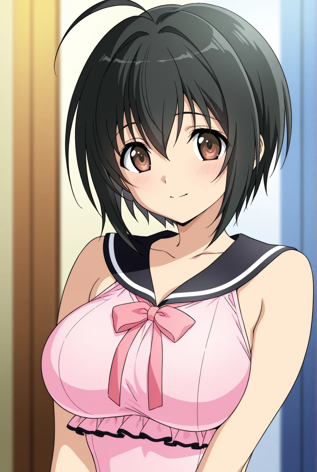 [simple background / white background],nsfw,1girl in,[[anime styled]],(Portrait),masterpiece,best quality,Tomomi_Xijing,black hair,hair ribbon,Short hair,bob cut,(nude),(nipples),Best Quality,Smile,blush,anime screen cap,Flat color,cel shading,