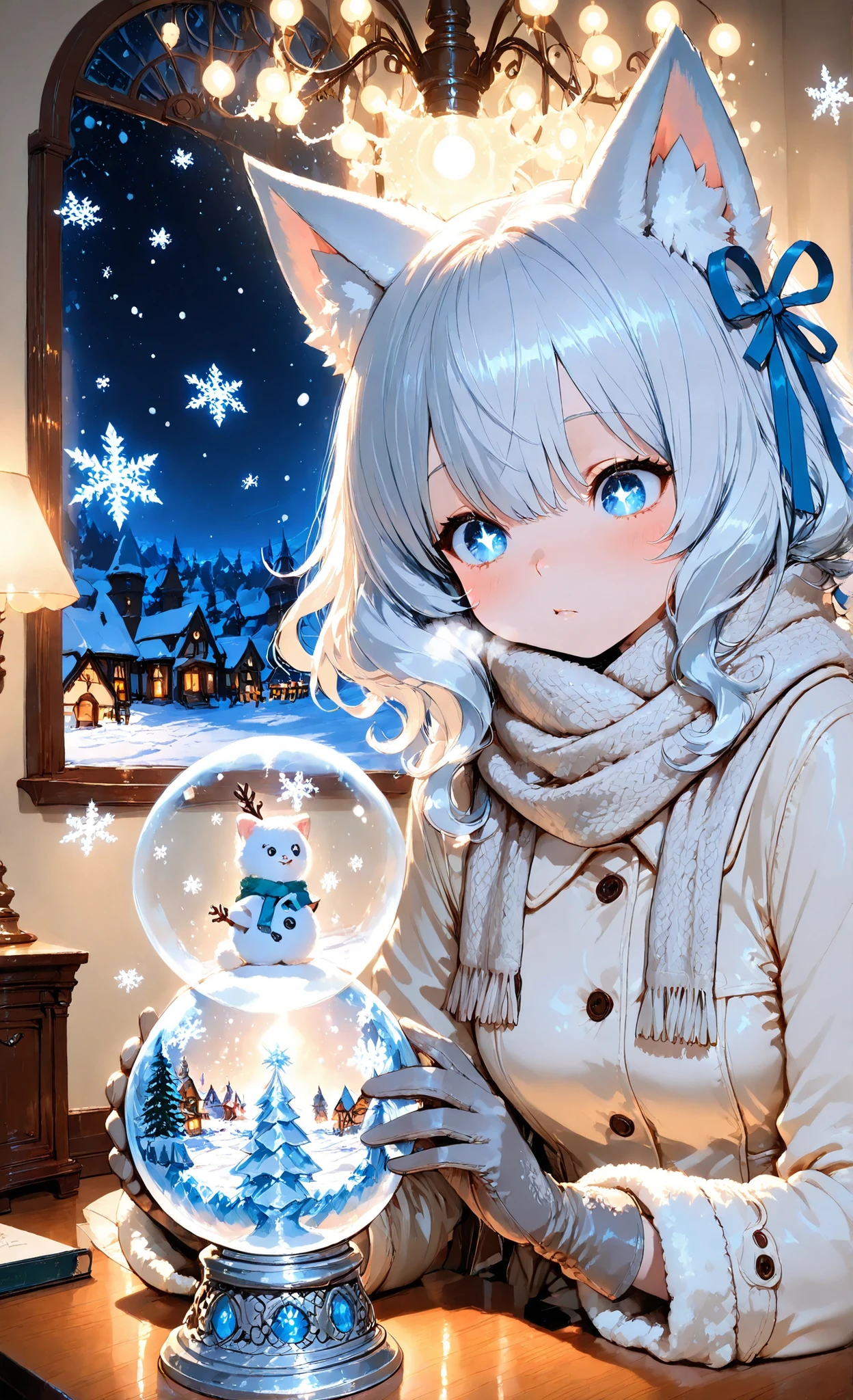 masterpiece, 8k, top quality, detail, High Resolution, digital painting, Super Detailed, (detailed eyes:1.2), (sharp eye:1.1), [Illustration], anime style, 1girl, PORTRAIT, upper body, Adult Female, long silver wavy hair with ice blue ribbon accents, snow-covered hair, cream white fur trim coat with silver piping, soft wool scarf, Light grey leather gloves, she holds snow globes、Look inside, miniature winter village shining with warm lamp light, ice blue backlight in moonlight, soft rim lighting on cheeks and hair, gentle light from the globe, snowflakes fluttering around her, Slight background blurring, creamy blur from distant light, vivid glass reflections and highlights, exquisite woven texture, lace trimming, polished buttons, Fine line drawing, Layering, cool color palette balanced with warm highlights, dreamy winter fantasy vibe