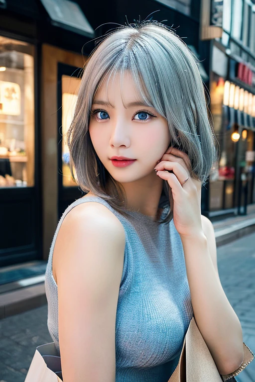 ((masterpiece, Highest quality, High resolution)), 1 Japanese girl, (Realistic: 1.4), excited、Great face,Glossy lips、30 years old, Silver Hair、Silver Hair、short hair, Silver Hair、(Beautiful Hair:1.5), mini skirt、Beautiful legs、Lie down on the bed、Staring、Angle from the front, Smooth, Highly detailed CG composite 8K wallpaper, High resolution RAW color photos, Professional photography, Light, BackLight, dream-like, impressive, Written boundary depth, (Face close-up:1.5)
Cute summer clothes　
　Full body photography　
大きな?????, Character portrait, Overlooking, Anatomically correct, Textured skin, accurate, ?????, 大きな?????, 大きな?????, 