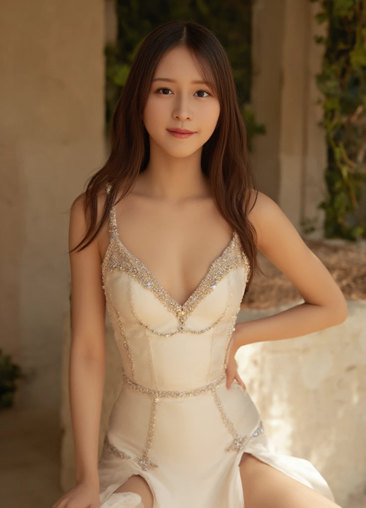 limited detailed accurately all things, Crafting a captivating illustration featuring (J-actress): 1.1 in 2 solo shots with an emphasis on high-quality and an official, dim focus., break, panorama, apply a movie light effect to enhance the cinematic feel. Ensure perfect anatomical connections, detailing the model's hand with Absolutely 4 fingers and 1 thumb., break, The shot should encompass exquisite and detailed clothes, presenting an elegant and clean look with a perfect body style. Highlight the soft, heavy breasts, capture a natural smile. Emphasize the model's stunning large, deep brown eyes and mouth, along with the overall beauty of the body., break, Showcase the model's beautiful deep brown medium bob hairstyle and realistic clean beauty skin, featuring thin eyebrows. Capture the essence of a cute, sexy, and elegant face, enhancing the overall elegance. , break, Introduce a random angle to add dynamism to the shots, ensuring a diverse and visually engaging presentation. Capture a moment that exudes warmth and charm , 😚, Soft beige wrap dress with ruffled details and cinched waist., break, Neutral tones with subtle ivory accents., break, Dress drapes beautifully, enhancing the figure with elegant ruffles and a flattering wrap design., break, Three-quarter angle to showcase the dress's flow and structure., break, Standing with one hand on hip, relaxed smile, hair in soft waves., break, Chic urban courtyard with minimalist decor and soft sunlight., break, Minimalist gold jewelry, natural makeup focusing on soft features, and a simple, elegant hairstyle., break, Early afternoon for warm, flattering light.
 , 💓, a little small light brown moles,  natural smile. (solo) : 2