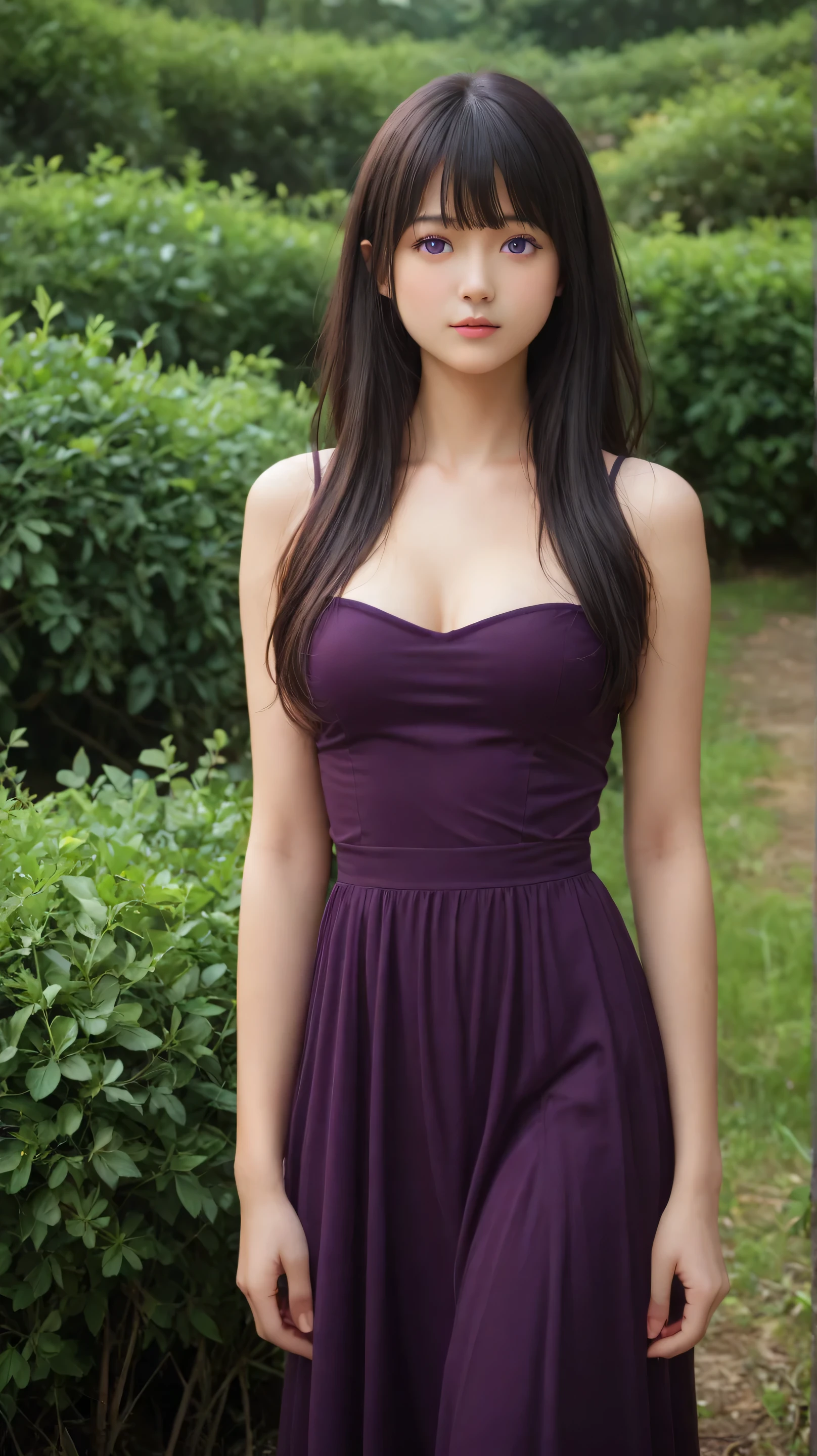Masterpiece, best quality, 8k, ultra high resolution, photorealistic, cinematic composition,1girl, solo,inoue takina,purple eyes,black hair,long hair,outdoors,potrait,medium breast,nature,stand uder tree,(tall bush covered body:1.5),potrait,front view, tall grass, purple dress,stand still,close up,bangs