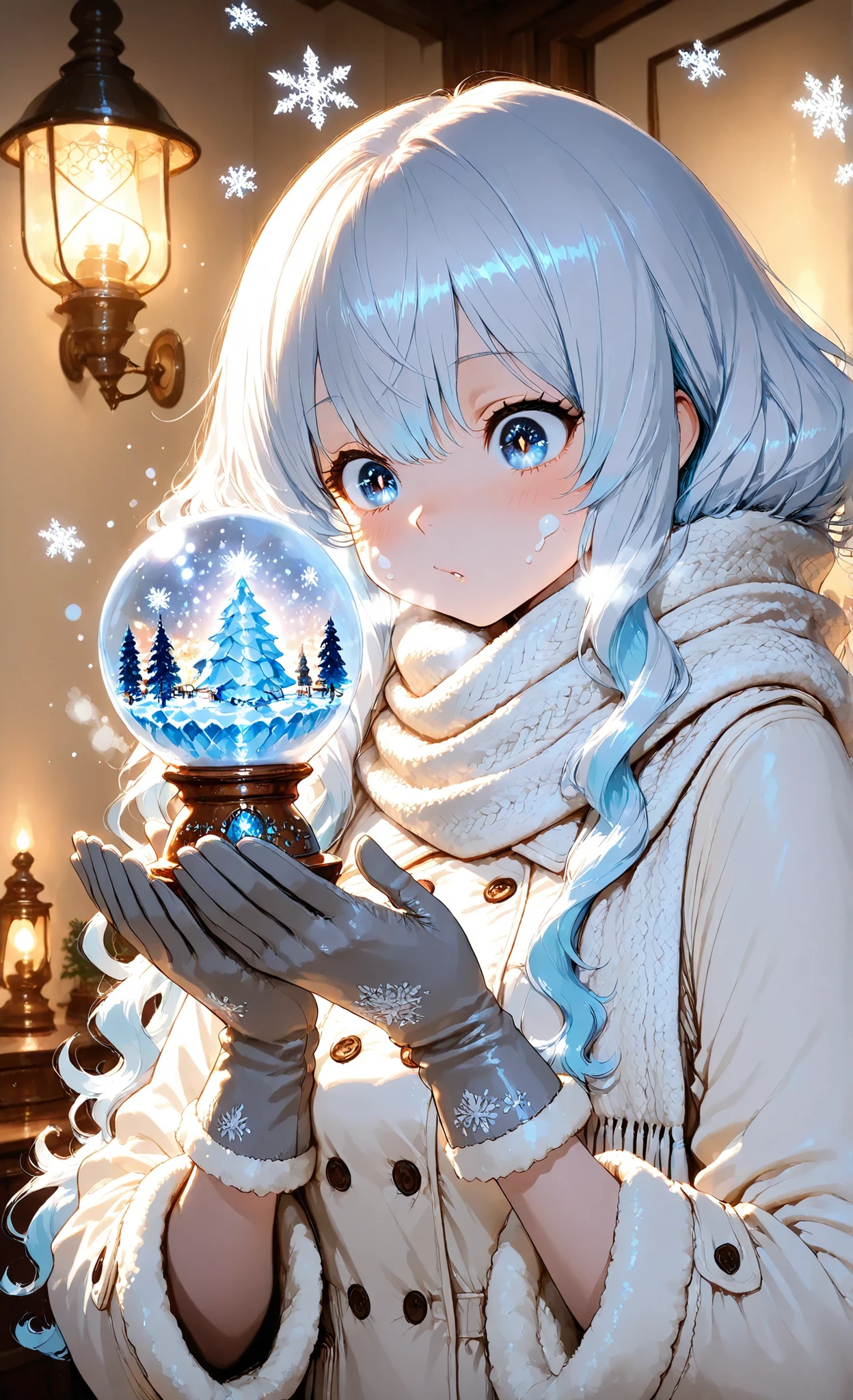 masterpiece, 8k, top quality, detail, High Resolution, digital painting, Super Detailed, (detailed eyes:1.2), (sharp eye:1.1), [Illustration], anime style, 1girl, PORTRAIT, upper body, Adult Female, long silver wavy hair with ice blue ribbon accents, snow-covered hair, cream white fur trim coat with silver piping, soft wool scarf, Light grey leather gloves, she holds snow globes、Look inside, miniature winter village shining with warm lamp light, ice blue backlight in moonlight, soft rim lighting on cheeks and hair, gentle light from the globe, snowflakes fluttering around her, Slight background blurring, creamy blur from distant light, vivid glass reflections and highlights, exquisite woven texture, lace trimming, polished buttons, Fine line drawing, Layering, cool color palette balanced with warm highlights, dreamy winter fantasy vibe