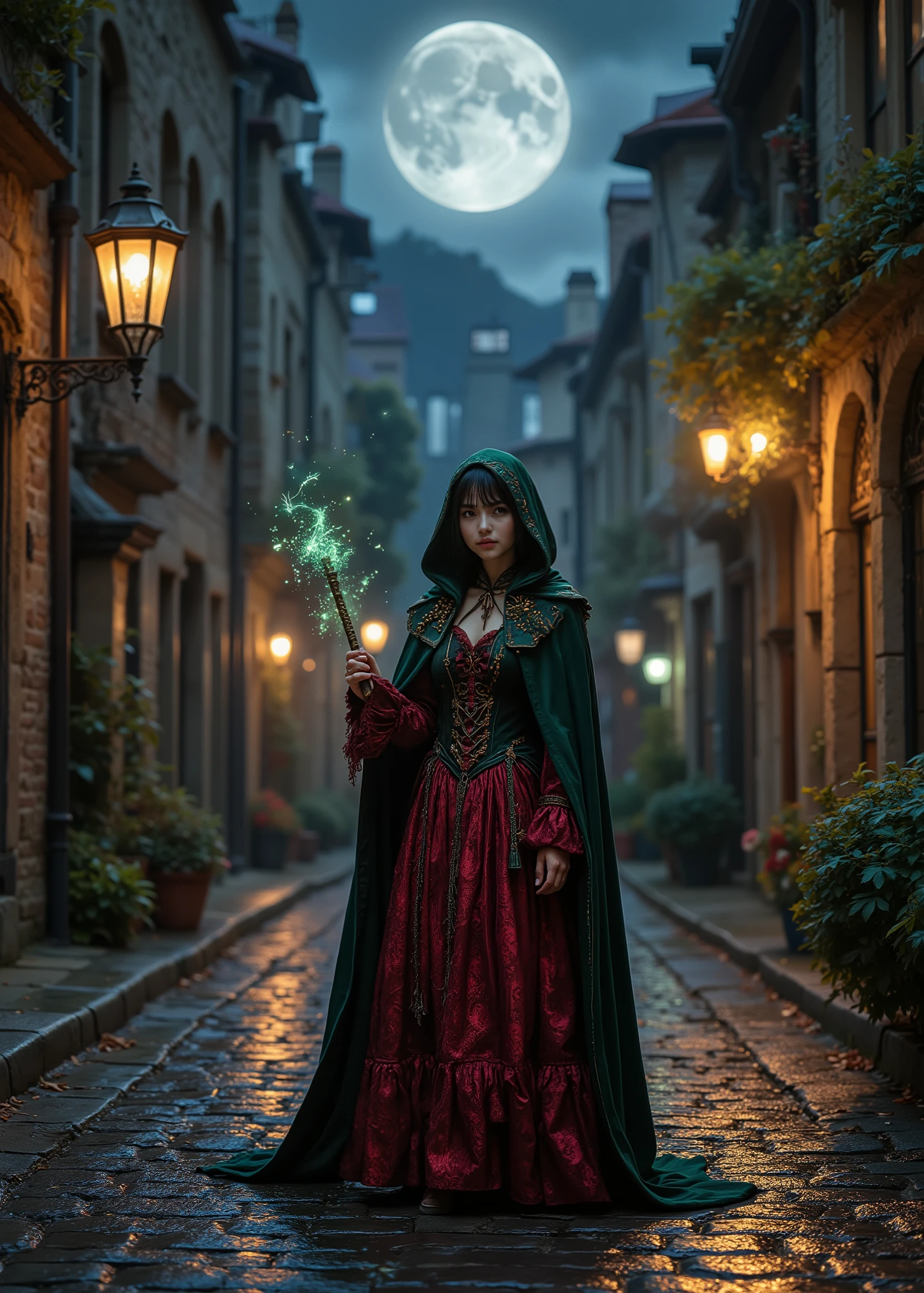 Moonlit Night、dark sky、Slim cute cat、Real Cat、Wear a red gothic dress、wear a dark green cloak and hood、Narrow Alley in Europe, Wet and reflective cobblestones、small breasts、(full body photo、full body shot、body)、holding a magic wand in his hand、style and cloaks are popular、My costume is shining slightly、Low Angle Shot、Shot from the ground、Real photo、Movie Lights、High Quality、8K,16K