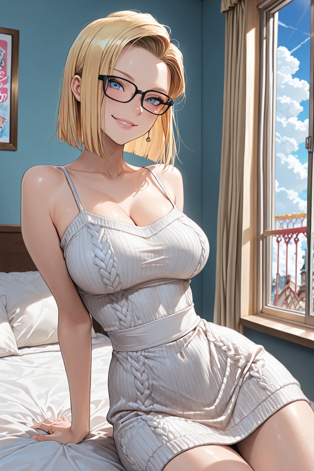 Beautiful and fair、Radiant Skin, 3 Up, Gorgeous, bright, Refreshing and gentle expression, Perfect beautiful face、Blonde short hair，Beautiful shiny bangs, A very beautiful 17 year old girl, Eyeliner, Very perfect and beautiful lovely big clear sky blue eyes，Very large breasts，Grooves reveal original skin，Muscular body，Silver glasses，White tights，teacher