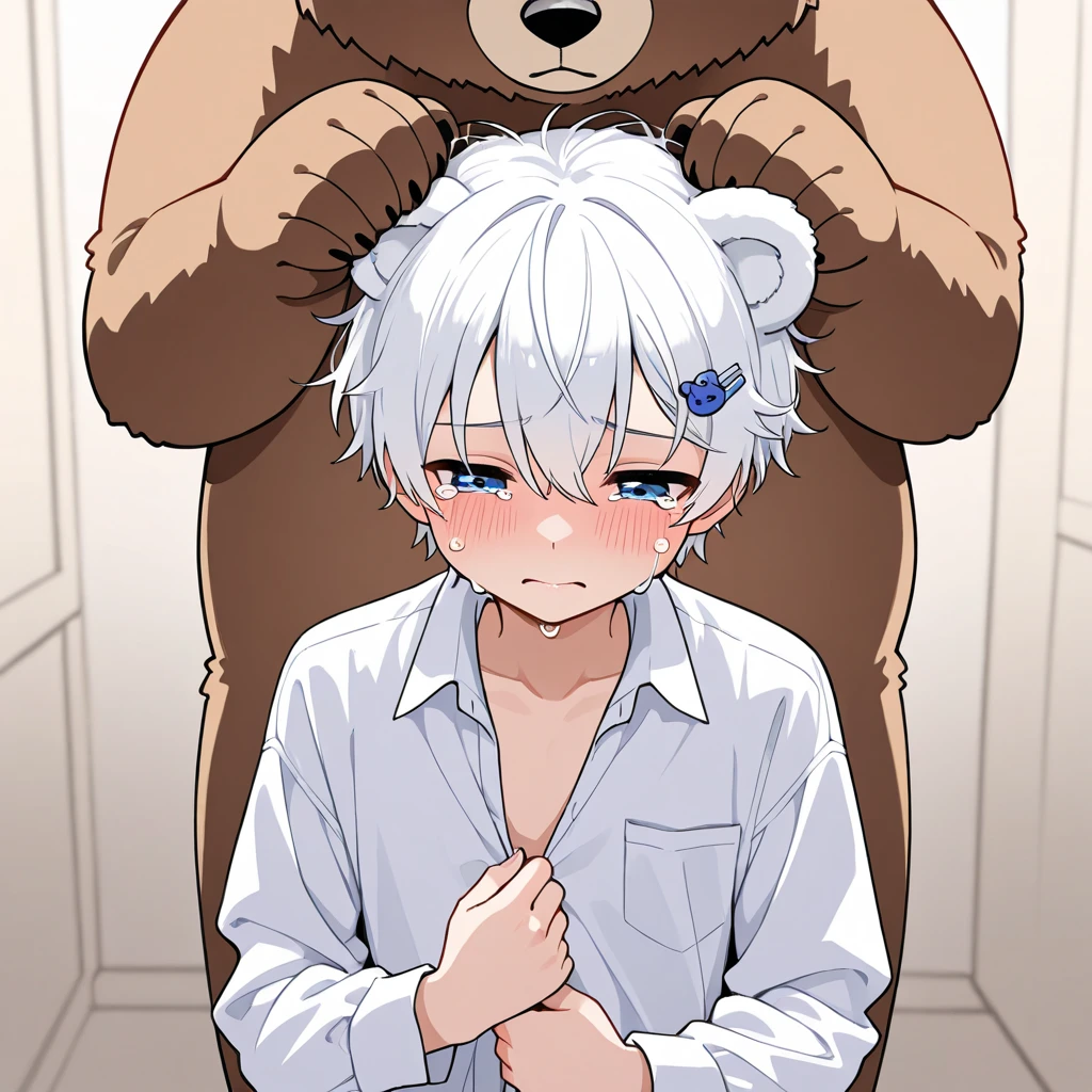 Wolf boy, young style, small boy, , , spasm, trembling, quivering, trembling, writhing, , anime style, alone, intense, whole body, sweat, spasm , , insertion, body facing forward,  visible, belly visible, fur, furry, teeth clenched, eyes closed, beastman 