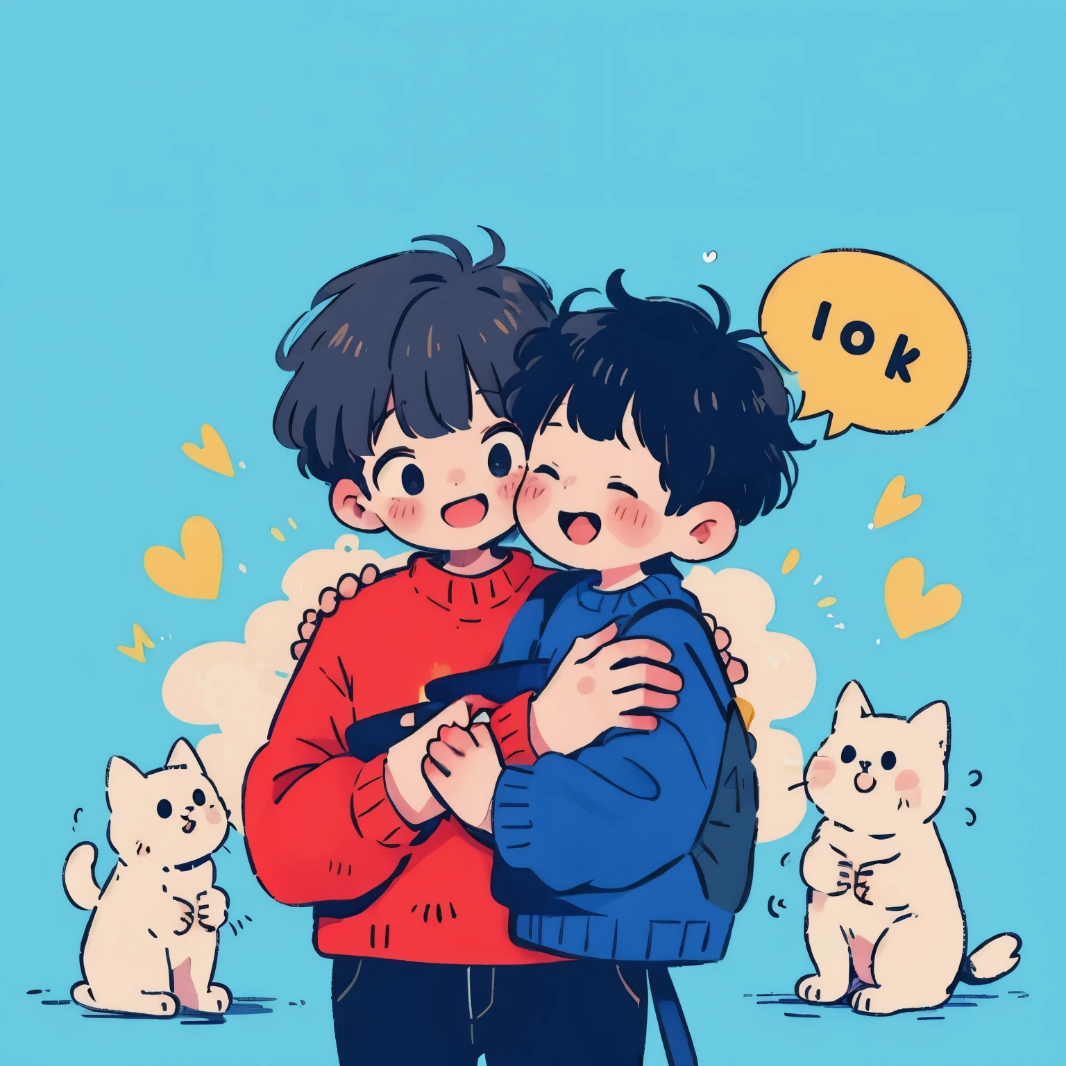 high quality, Realistic, 4K, perfect, A warm, A happy and fun space, 1 mature woman, Black Bob Cut, woman gently hugs a boy wearing a red sweater and a boy wearing a blue sweater, 2 boys、upper body, masterpiece, high steady tail, rich and delicate texture