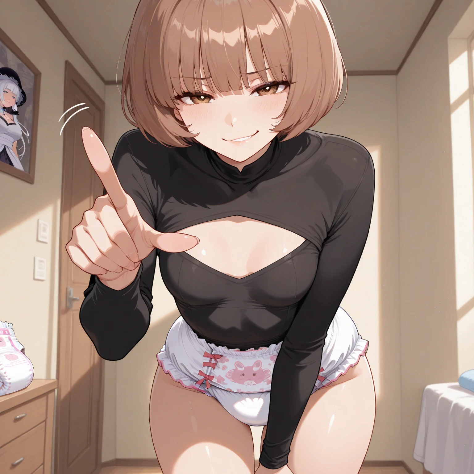 a beautiful young woman with brown hair and bangs, wearing a grey cardigan and socks, with a slim figure and flat chest, posing seductively against a heart-patterned background, highly detailed, photorealistic, 8k, masterpiece,(),(,),