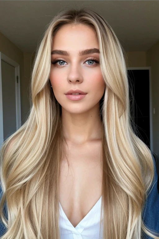 Jolie jeune fille; long orange blonde hair, wavy and loose hair, slightly tousled hair; yeux gris vif; claire; 160 cm de hauteur; mince; Coupe d'image corps complet; at the swimming pool; The camera is slightly above'elle; regard charmant.