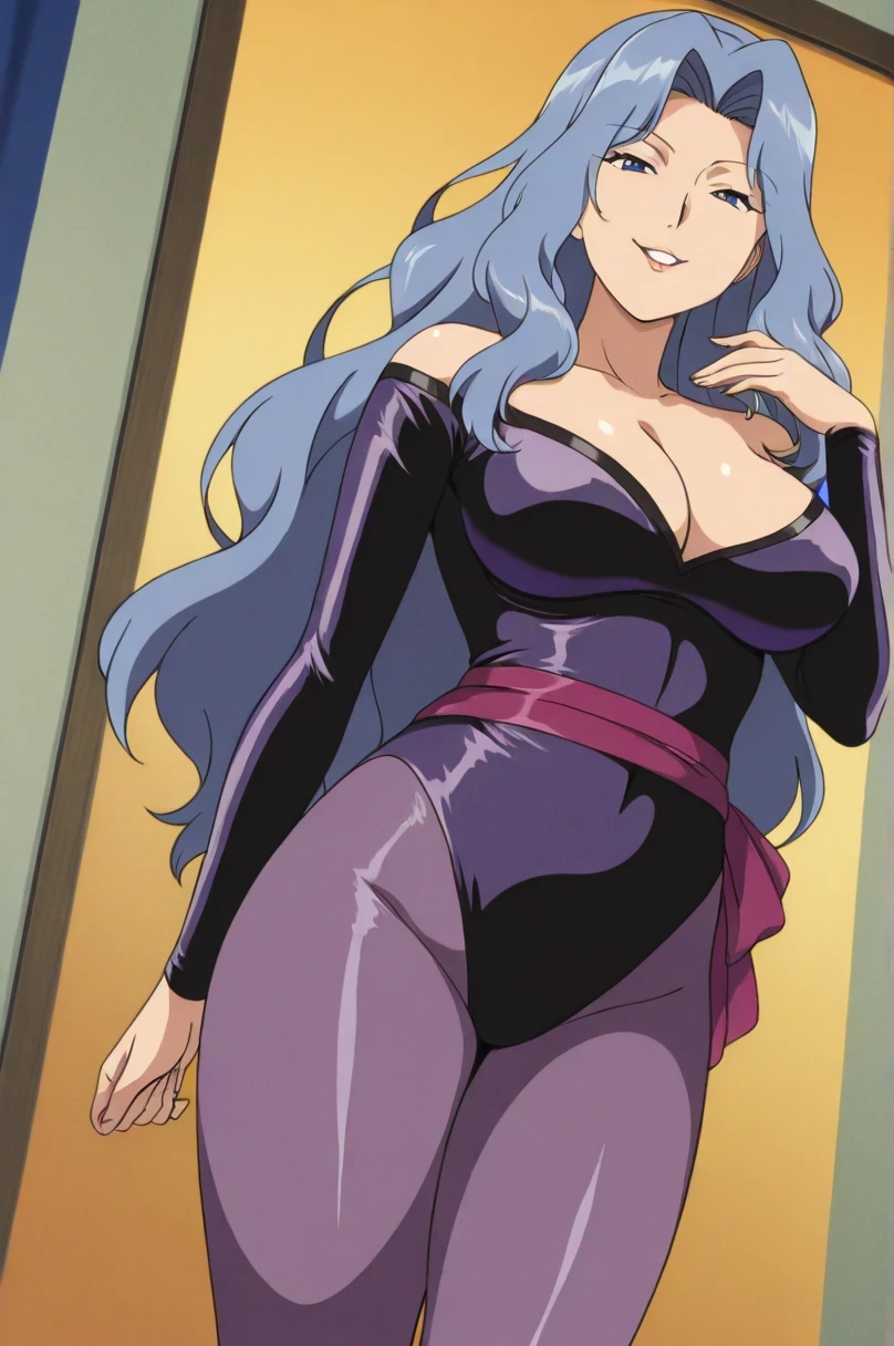傑作、best quality、best resolution、best image quality、amazing quality、 very aesthetic、 absurdres、anime coloring、anime screencap 、anime screenshot 、1woman 、 <lora:pkmnkaren-illu-nvwls-v1-000006:1> 、 pkkar 、 solo 、light blue hair 、very long hair 、light blue eyes 、parted bangs 、parted lips 、juicy lips 、very large breasts 、cleavage 、large boobs 、large tits 、mature female 、collarbone 、deltoids 、purple leotard 、bare shoulders 、outfit:leotard 、high leg cut leotard、purple pantyhose 、catsuit 、Catsuit style processing 、cyan sash 、sash 、tight leotard 、tight pantyhose 、seamless 、purple high heels 、tall woman 、standing 、cowboy shot 、looking at viewer 、female focus 、dutch angle 、smile、elegant、elegant smile、sexy smile、smug、evil smile、cat's eye style、
