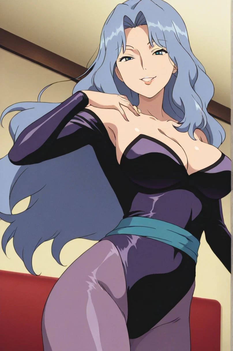 傑作、best quality、best resolution、best image quality、amazing quality、 very aesthetic、 absurdres、anime coloring、anime screencap 、anime screenshot 、1woman 、 <lora:pkmnkaren-illu-nvwls-v1-000006:1> 、 pkkar 、 solo 、light blue hair 、very long hair 、light blue eyes 、parted bangs 、parted lips 、juicy lips 、very large breasts 、cleavage 、large boobs 、large tits 、mature female 、collarbone 、deltoids 、purple leotard 、collarless、bare shoulders 、long sleeves 、outfit:leotard 、high leg cut leotard、purple pantyhose 、catsuit 、Catsuit style processing 、cyan sash 、sash 、tight leotard 、tight pantyhose 、seamless 、purple high heels 、tall woman 、standing 、cowboy shot 、looking at viewer 、female focus 、dutch angle 、smile、elegant、elegant smile、sexy smile、smug、evil smile、cat's eye style、