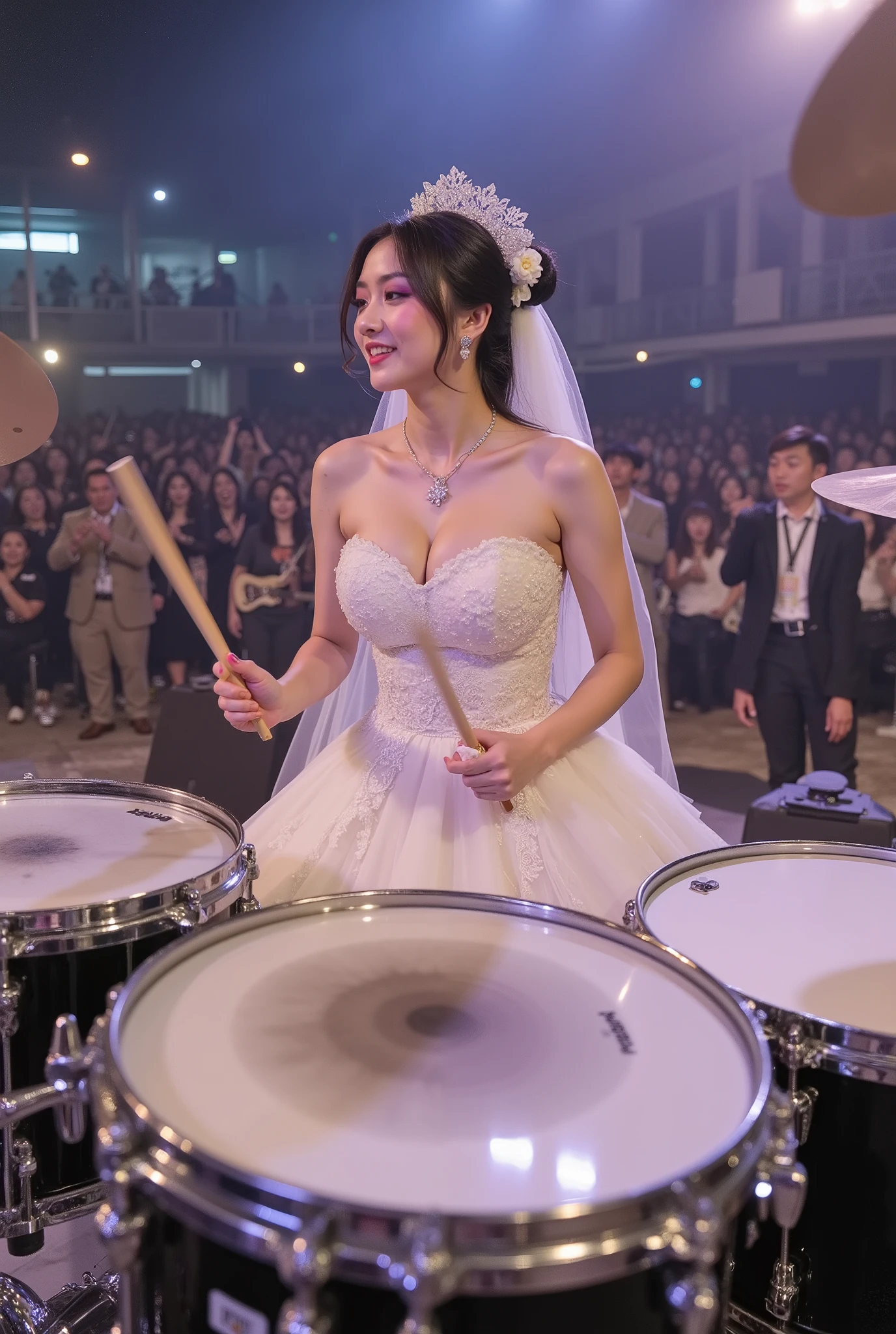 Full body, asian Idol,cute, An eighteen-year-old in a wedding dress holding a drumstick，plays the drum in front，There are many instruments next to her，She was a fervent drummer，Also the drummer of the band，High School Girl，necklace，with long hair，Dark Hair，（long ponytail：1.5）,(Double bun:1.5)，Purple Eyeshadow，big boobs，tube top wedding dress，Lace Wedding Dress，Wedding Skirt，Strapless，（bridal veil：1.5）,Short style bridal veil,（necklace,  Earrings，Flower head：1.5），Behind the stage，there were many spectators， Mist in the late night，full body photo，