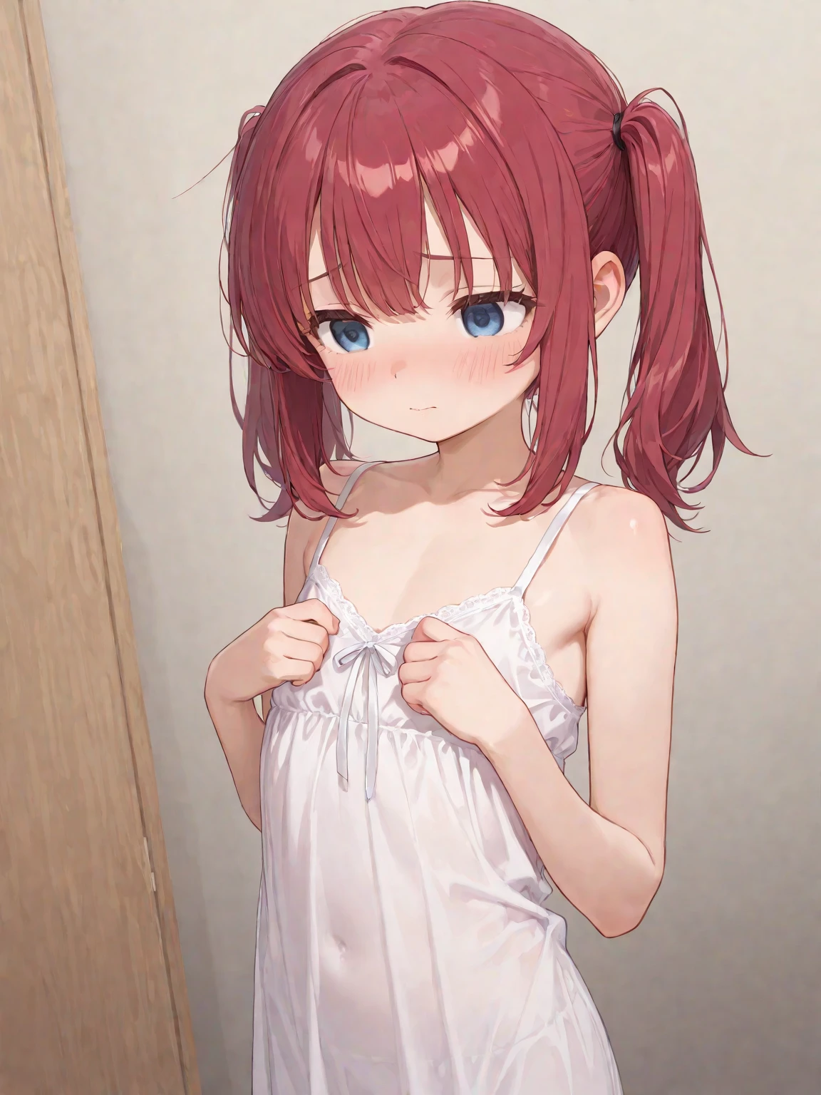 <lora:naked_towel:0.8>naked towel, large breasts, white background, red hair, solo, 1girl, blush, towel, looking at viewer, red eyes, cowboy shot, short hair, collarbone, simple background