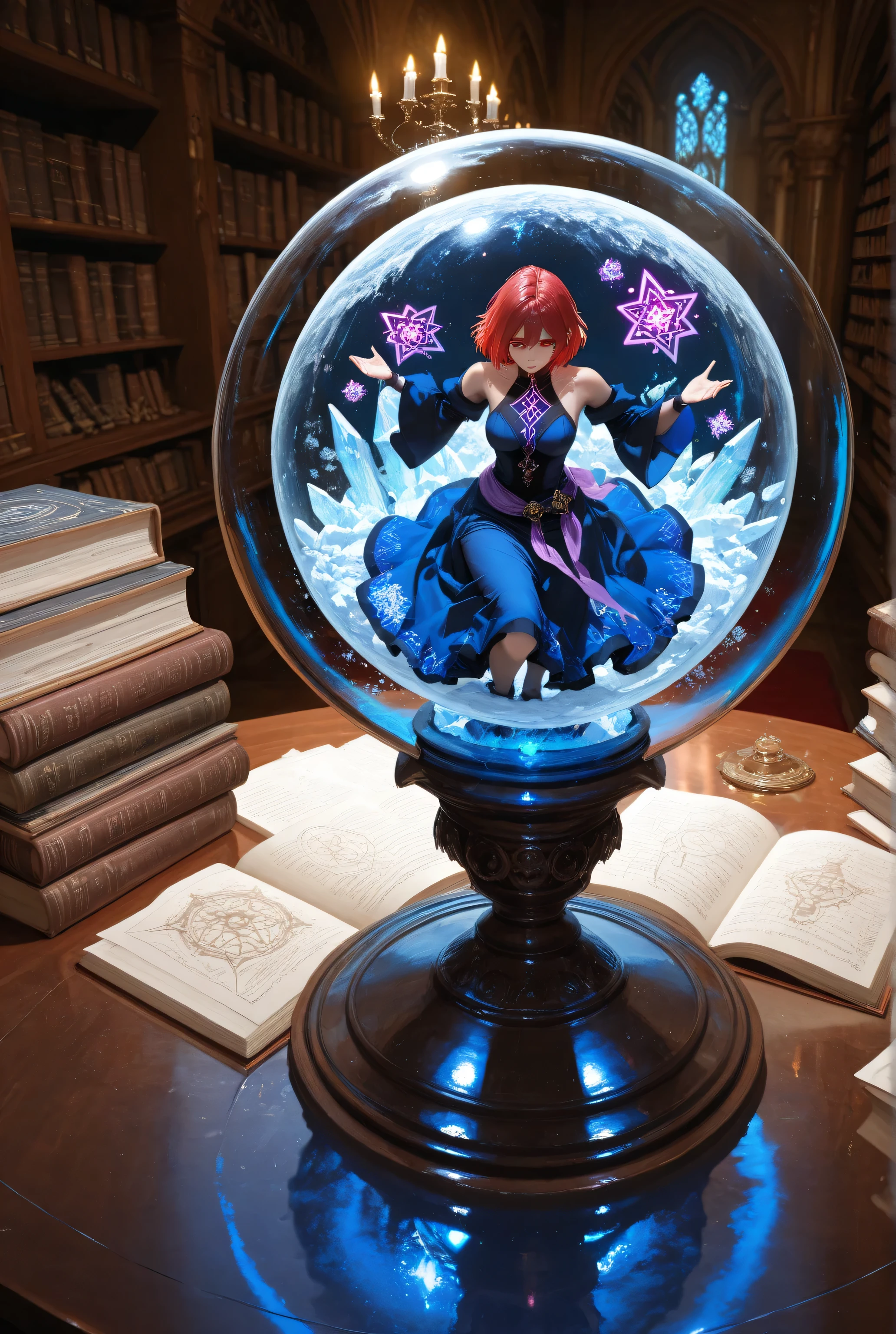 wearing a clothes,Contrast,masterpiece, best quality, very aesthetic, absurdres,,a picture of a human woman sorceress sittings in her magical lab, divining distant places in her snowy crystal ball, epic beautiful human woman, ultra detailed face , red hair, short hair, red eyes, dynamic dress, blue dress, magical library, with many books, and magical runes and wards, glowing arcane sigils , snowy crystal ball, on table, snowy runes on crystal balls, fantasy magical library background, high details, best quality, 16k, best detailed, masterpiece, best quality, (extremely detailed), photorealistic, fantasy art, RPG art,  , , Ultra-Wide Angle, high detail, award winning, best quality, HD, 16K, 3D rendering, high details, best quality, highres, ultra wide angle, 3D rendering, [[anatomically correct]]