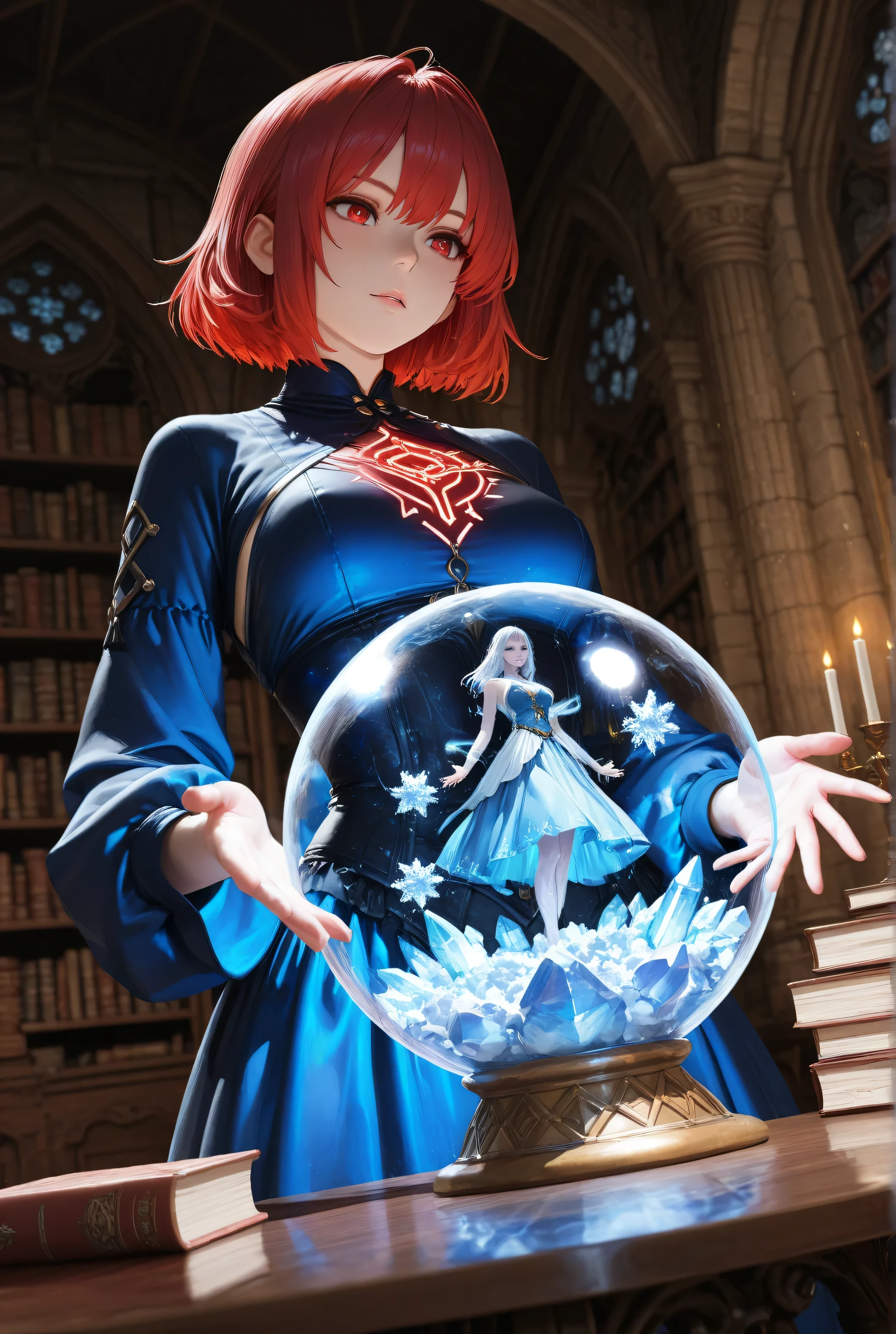 wearing a clothes,Contrast,masterpiece, best quality, very aesthetic, absurdres,,a picture of a human woman sorceress sittings in her magical lab, divining distant places in her snowy crystal ball, epic beautiful human woman, ultra detailed face , red hair, short hair, red eyes, dynamic dress, blue dress, magical library, with many books, and magical runes and wards, glowing arcane sigils , snowy crystal ball, on table, snowy runes on crystal balls, fantasy magical library background, high details, best quality, 16k, best detailed, masterpiece, best quality, (extremely detailed), photorealistic, fantasy art, RPG art,  , , Ultra-Wide Angle, high detail, award winning, best quality, HD, 16K, 3D rendering, high details, best quality, highres, ultra wide angle, 3D rendering, [[anatomically correct]]