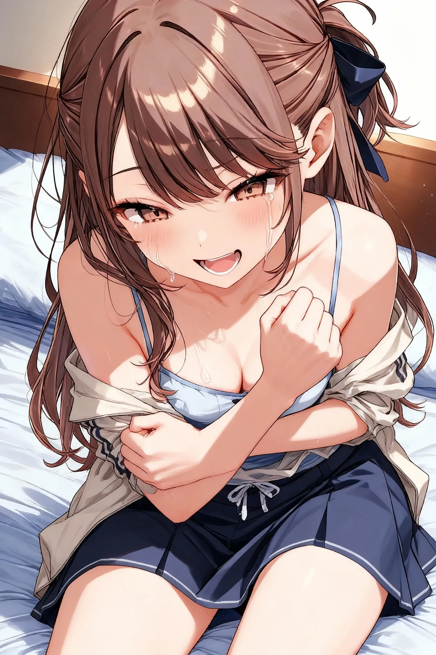 NSFW,(super fine illustration,8k cg wallpaper,highest quality,very detailed,ultra high resolution,best aesthetics),(cowboy shot,From before),IdolMaster,((sarina matsumoto)), (20yo, beautiful girl), (beautiful light brown eyes),((((beautiful light brown hair)))) ((long straight hair)),(wet hair), (shiny hair), (beautiful pale orange skin),(shiny skin),(wet skin),((dark blue idol dress)),((see-through)),(slender),(very ), ((pubic brown hair:1.3)),(bsp,  dripping,pussy,  slip,no makeup, sweaty body),(no bra),(no ), (((open clothes)),((spread legs)),(((spread :1.3))),((steam)),(scatter sweat),(one eye closed), (out tongue)(open mouths),(evil smile),(Nice touch),((turn your arms behind your back)),(Bukkake,  on body:1.3),(,  on face:1.2),((,  in hair:1.2),(ecstasy),(((sex,Cowgirl,pov))),(cum on :1.2),bed room,