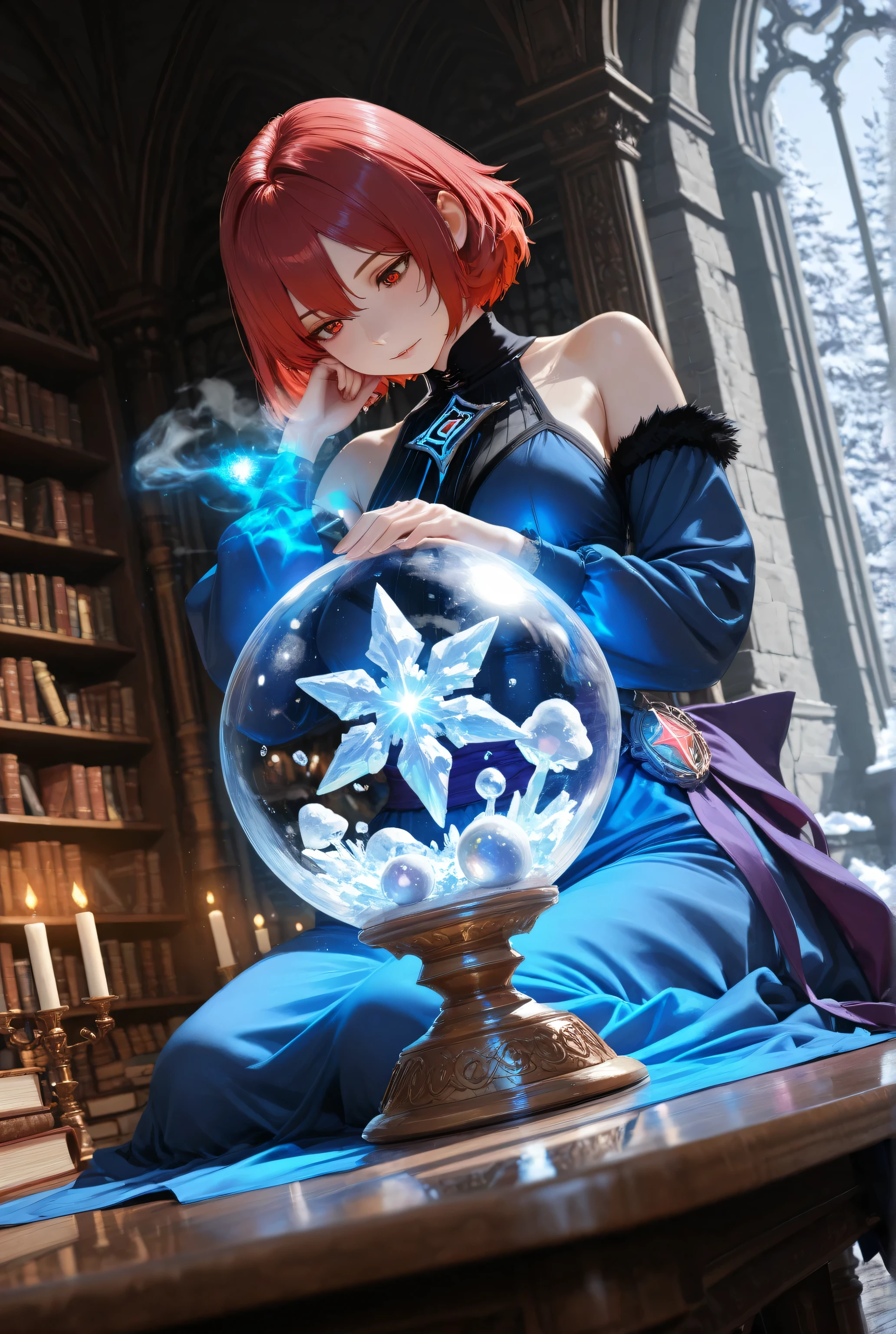 wearing a clothes,Contrast,masterpiece, best quality, very aesthetic, absurdres,,a picture of a human woman sorceress sittings in her magical lab, divining a woman made from snow, in her snowy crystal ball, epic beautiful human woman, ultra detailed face , red hair, short hair, red eyes, dynamic dress, blue dress, magical library, with many books, and magical runes and wards, glowing arcane sigils , snowy crystal ball, on table, snowy runes on crystal balls, fantasy magical library background, high details, best quality, 16k, best detailed, masterpiece, best quality, (extremely detailed), photorealistic, fantasy art, RPG art,  , , Ultra-Wide Angle, high detail, award winning, best quality, HD, 16K, 3D rendering, high details, best quality, highres, ultra wide angle, 3D rendering, [[anatomically correct]]