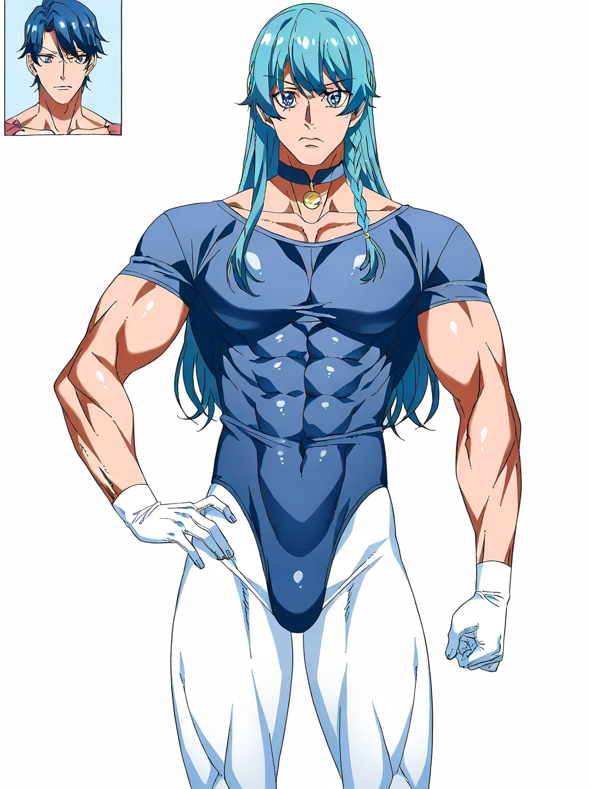 score 9 、score 8 up、score 7 up、source anime、high quality illustration、傑作、best quality、best resolution、best image quality、anime coloring、anime screencap、anime screenshot、1boy、kaidou minami is a male、solo、anime male is wearing a blue leotard、aqua hair、long hair、bangs、braid、blue eyes、femboy、crossdressing、A man doing a yoga pose、(manly face :1.8)、anime pose、solo、ballet pose、wearing a leotard、outfit:leotard、anime cool male is wearing a blue leotard、biceps、biceps long head、biceps short head、triceps、triceps medial head、triceps lateral head、triceps long head、brachioradialis、covered deltoids、anterior deltoids、middle deltoids、posterior deltoids、covered thigh muscles、covered semitendinosus muscles、coveredadductor magnus muscles、collarbone、covered trapezius、wearing a white pantyhose、covered navel、covered abs、covered midriff、slender body、toned body、tall male、(blue only leotard)、high leg cut、(manly:1.8)、cool boy、beautiful boy、brave boy、high leg cut leotard、simple leotard、 basic leotard、athletic leotard、training leotard、plain leotard、no underwear、The collar of the leotard is a U neck、really、anime beautiful male、anime cool male、The leotard has short sleeves、The lower half of the leotard is high leg cut、tight leotard、leotard and pantyhose only、male focus、looking at viewer、cowboy shot、(male body :1.8)、