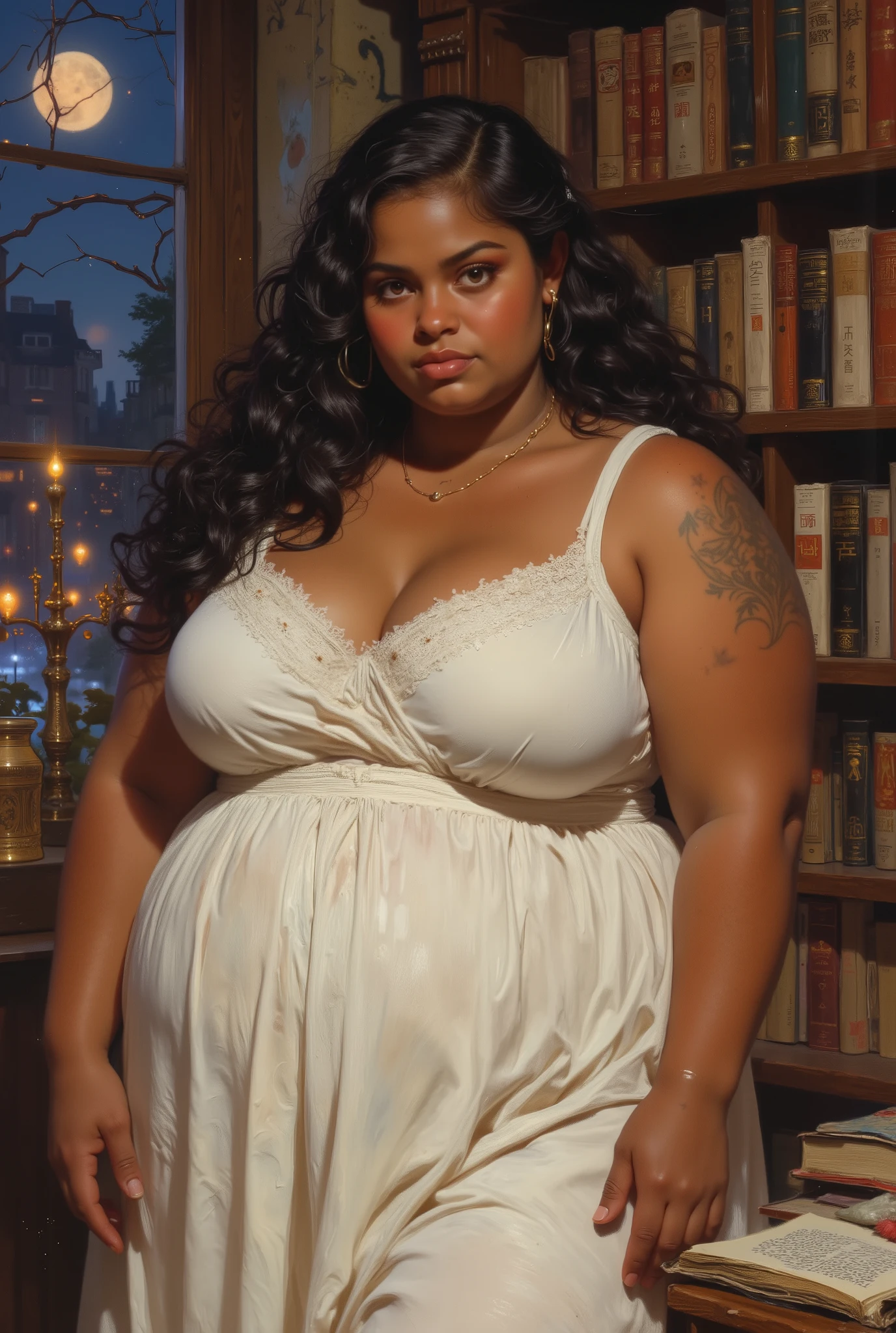 fat big large overweight heavy feminine beautiful young woman with chubby face dark brown tan tanned skin color and black eyes, (((long black curly side-parted hair))), (((black hair))), (((brown skin))), (((brown-skinned))), (((dark brown skin))), (((brown skin complexion))), (((dark brown complexion))), (((dark skin))), (((dark skinned))), (((chubby face))), (((chubby cheeks))), (((fat face))), (((round face))), (((broad face))), (((wide face))), (((chubby fat body))), (((plus size body))), (((overweight body))) (((small , small ))), (((short neck))), (((wearing white flowy loose-fitted dress))), (((standing in cozy eclectic library with cool blue light at night from window))), (((black eyes))), (((dark brown eyes))), (((dark eyes))), dynamic cool blue lighting, rosy lips, (((closed mouth))), (((closed lips))), full lips, (((big lips))), (((big round nose))) neutral expression, detailed clothes, ornate design, (((upper body portrait))), upper body picture, looking at viewer, facing viewer, (((realistic))), highly detailed, masterpiece, absurdres, hq, 4k, 1girl, solo, wide hips,Attractive, (ultra realistic), thick outlines, drawn, bright colors, detailed eyes, detailed hands, digital oil painting art style, Detailed face, attractive, dynamic pose, HD, good quality