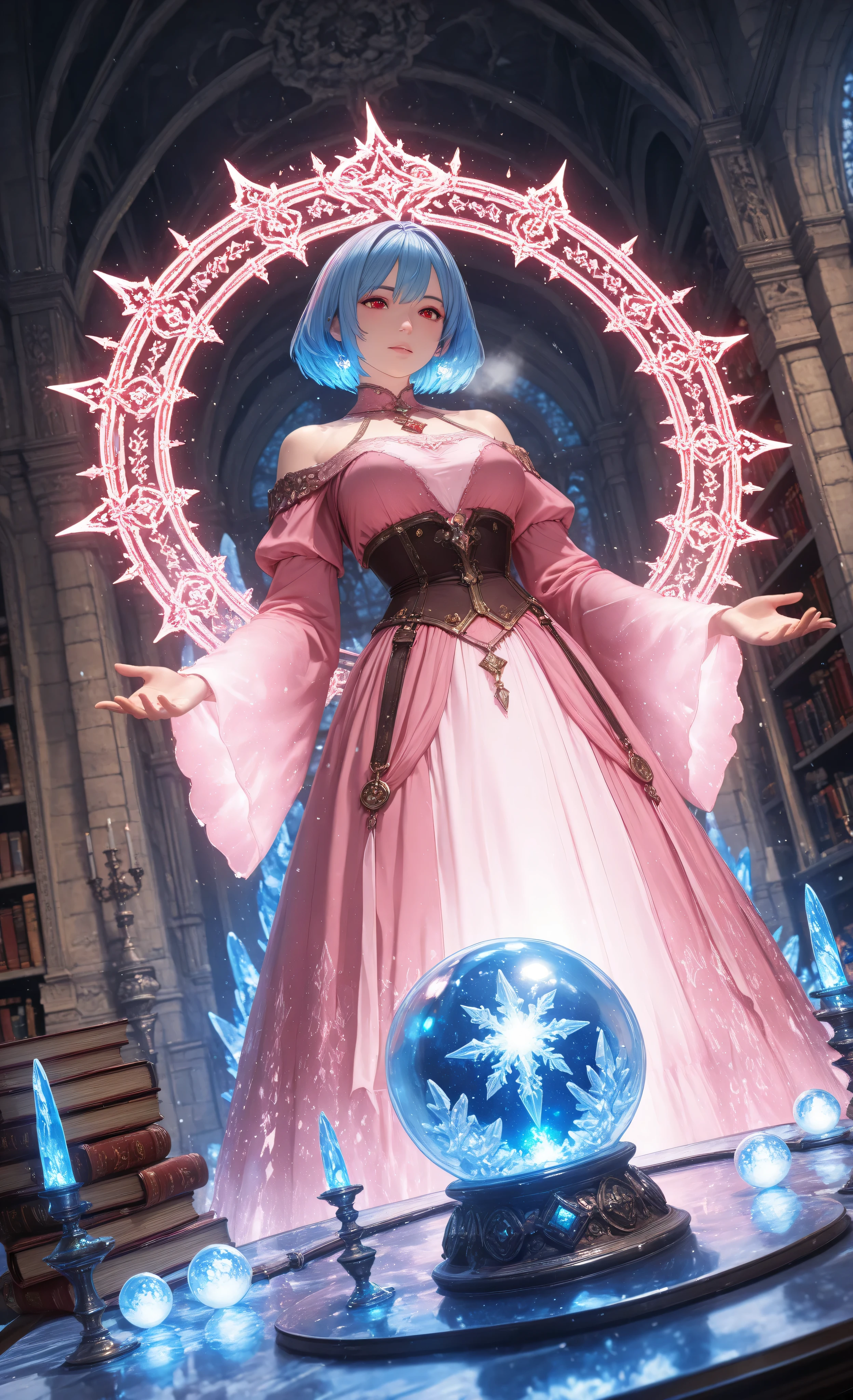 wearing a clothes,Contrast,masterpiece, best quality, very aesthetic, absurdres,,a picture of a human woman sorceress sittings in her magical lab, divining a woman made from snow, in her snowy crystal ball, epic beautiful human woman, ultra detailed face , blue hair, short hair, red eyes, dynamic dress, pink  dress, magical library, with many books, and magical runes and wards, glowing arcane sigils , snowy crystal ball, on table, snowy runes on crystal balls, fantasy magical library background, high details, best quality, 16k, best detailed, masterpiece, best quality, (extremely detailed), photorealistic, fantasy art, RPG art,  , , Ultra-Wide Angle, high detail, award winning, best quality, HD, 16K, 3D rendering, high details, best quality, highres, ultra wide angle, 3D rendering, [[anatomically correct]]