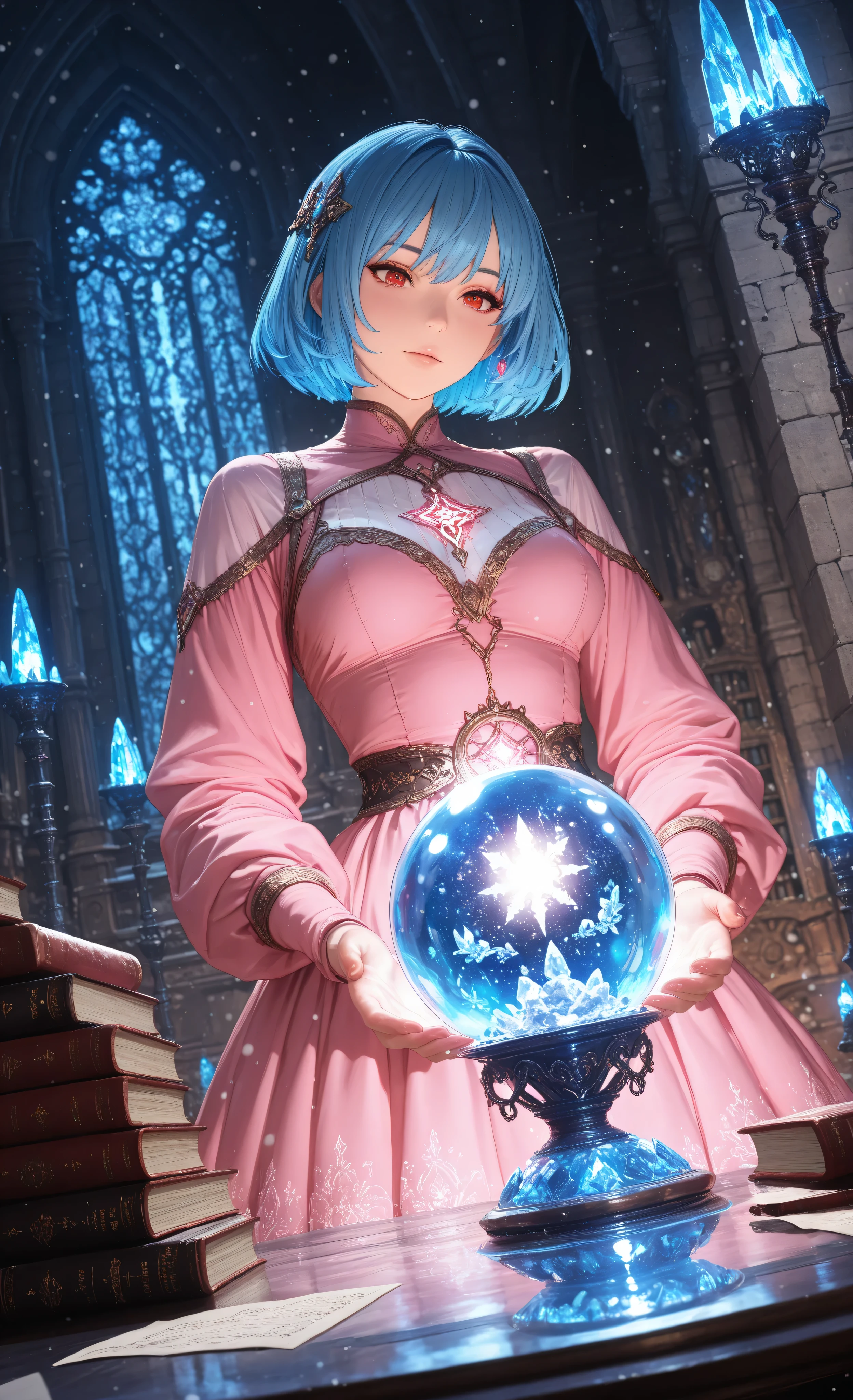 wearing a clothes,Contrast,masterpiece, best quality, very aesthetic, absurdres,,a picture of a human woman sorceress sittings in her magical lab, divining a woman made from snow, in her snowy crystal ball, epic beautiful human woman, ultra detailed face , blue hair, short hair, red eyes, dynamic dress, pink  dress, magical library, with many books, and magical runes and wards, glowing arcane sigils , snowy crystal ball, on table, snowy runes on crystal balls, fantasy magical library background, high details, best quality, 16k, best detailed, masterpiece, best quality, (extremely detailed), photorealistic, fantasy art, RPG art,  , , Ultra-Wide Angle, high detail, award winning, best quality, HD, 16K, 3D rendering, high details, best quality, highres, ultra wide angle, 3D rendering, [[anatomically correct]]