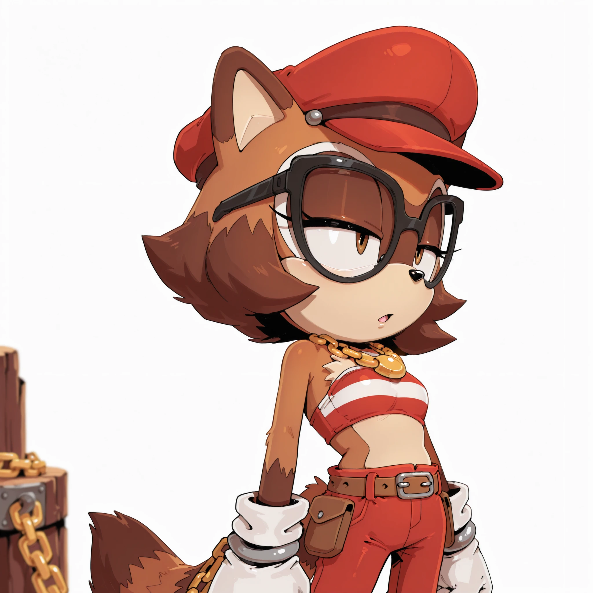 masterpiece, best quality, amazing quality, very aesthetic, high resolution, ultra-detailed, absurdres, newest, scenery, furry, anthro, sonic \(series\), 1girl, female furry, raccoon, brown hair, short hair, red cap, golden chained necklace, red jeans, black squared glasses, solo, BREAK, depth of field, detailed fluffy fur, volumetric lighting, half-body, onmodelblobian, expressionless, half-closed eyes, brown eyes, standing, (simple background), (white background), red striped bikini top, ((white gloves)), slighly open mouth, looking a side, brown belt, (standing)