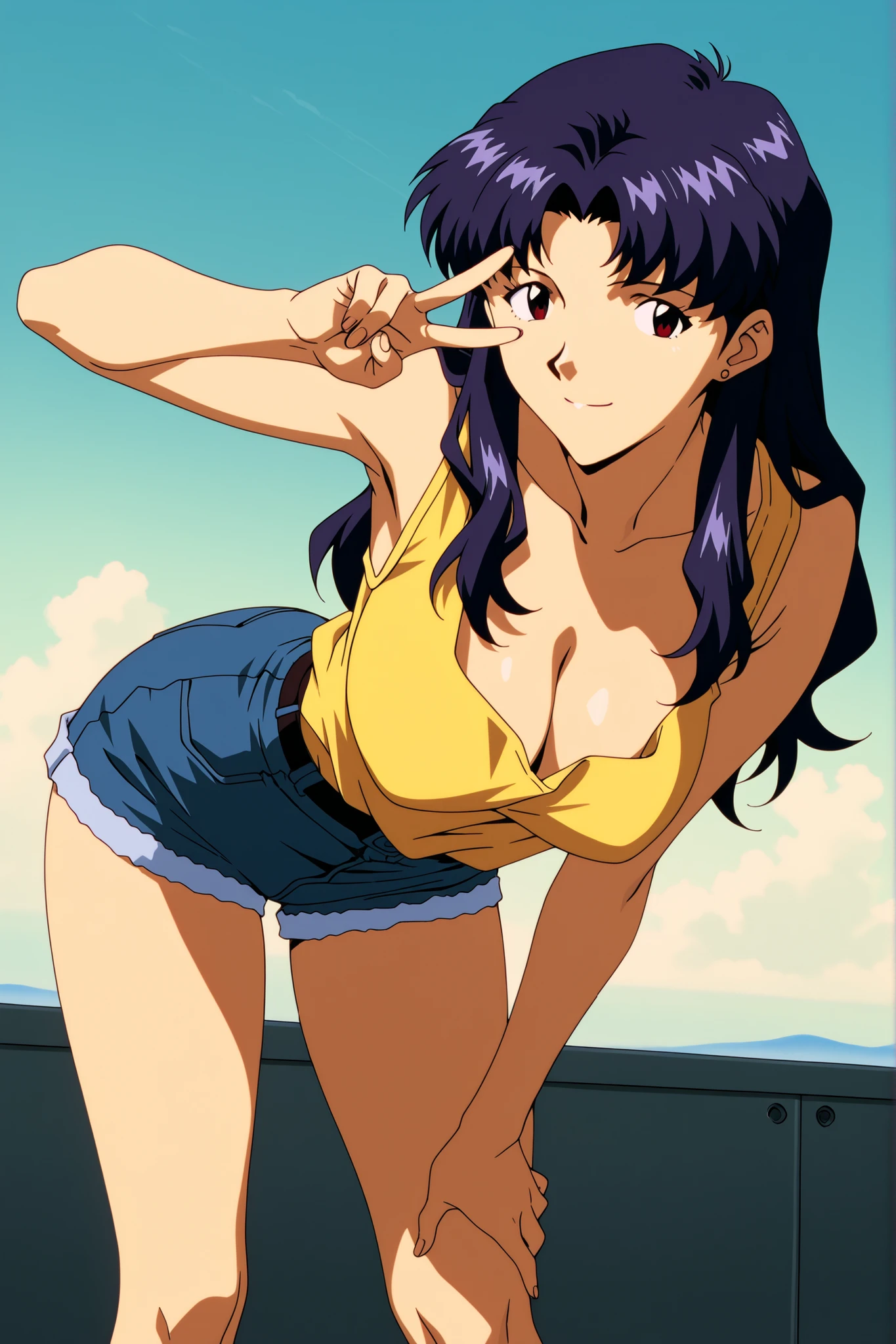 mature woman、 anime painting 、 Neon Genesis Evangelion、Katsuragi Misato, masterpiece、 High Quality、 High Fine、Sea and Sky、Leaning Forward、peace sign 、hotpants　yellow tank top smile　place your hands on your chest
