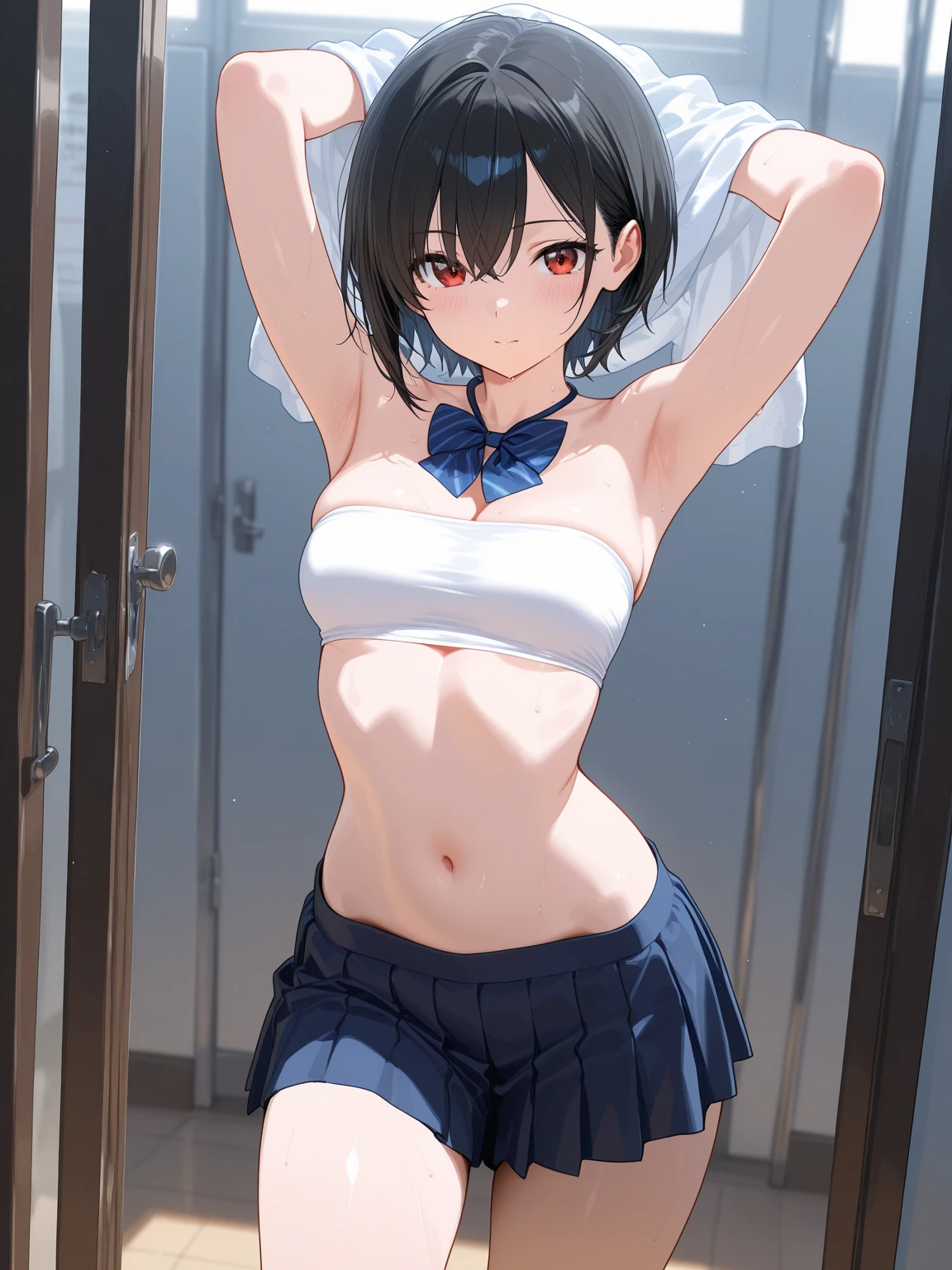 Highest quality , High resolution , Detailed CG , short hair , Navy blue sailor suit , Navy Blue Skirt , Modest chest , Black Hair , thumb、index finger、Middle finger、ring finger、Optimal ratio of the little finger , Two limbs , Optimal ratio , Embarrassed expression , Burning cheeks , In town , Narrow alley at night ,  are visible , touching one's own breasts with one's own hands ,  expression during 