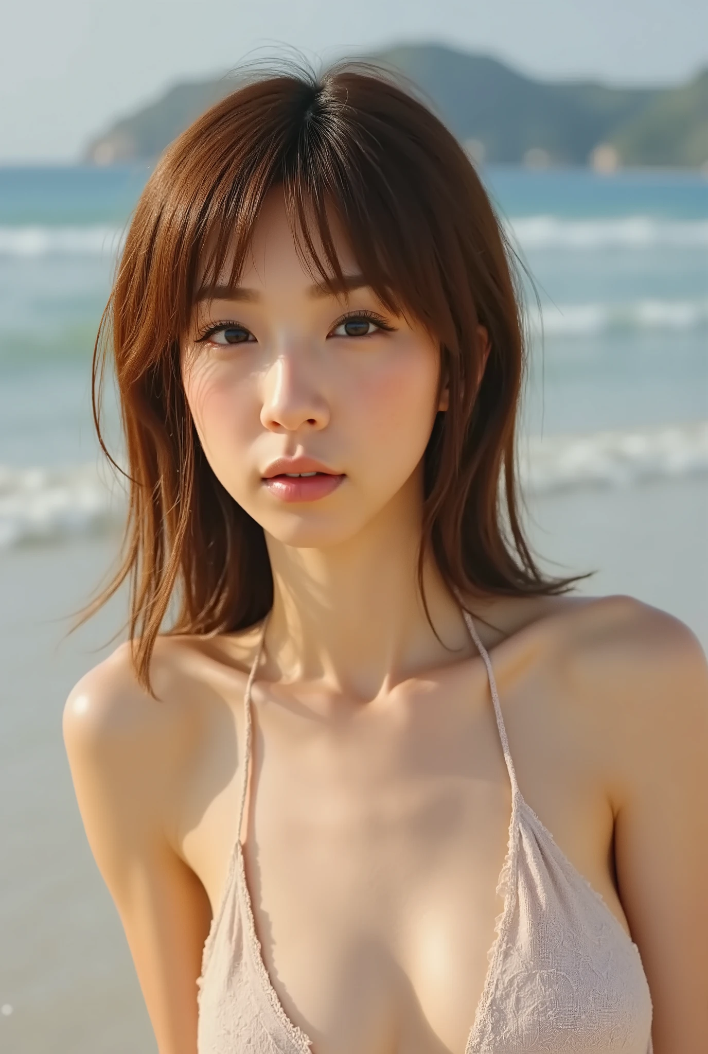 (( premium quality on the shores of everlasting summer,  8k )), ((masterpiece)), ( details),    、dark hair,  Japanese girl,   first-person view   ,One Woman, thin girl, petite girl ,   sexy,(  full nude,  in the bedroom),(((    very large breasts,  full nude,  Beautiful Breasts, short bob hair hugging the Earth , dark hair))),  ((dark hair )) , (( No Decorations,  no accessories,   full nude,     without makeup ))