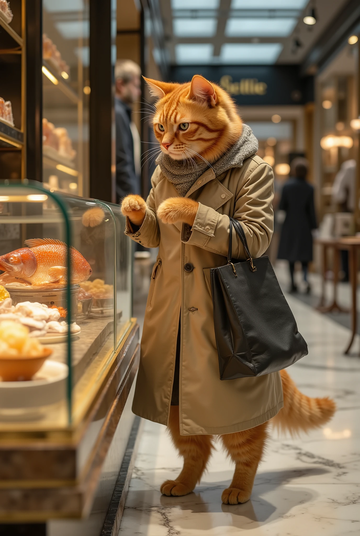 photorealistic image of an anthropomorphic ginger cat in a stylish trench coat. He is standing on his hind paws in a luxurious department store, holding multiple shopping bags while carefully examining a fish-shaped gourmet snack on a display. The environment is a blur of marble floors and elegant shelves. The cat has a focused, discerning expression. Full body shot, elegant composition, dramatic window lighting, realistic fur and fabric textures, 35mm lens