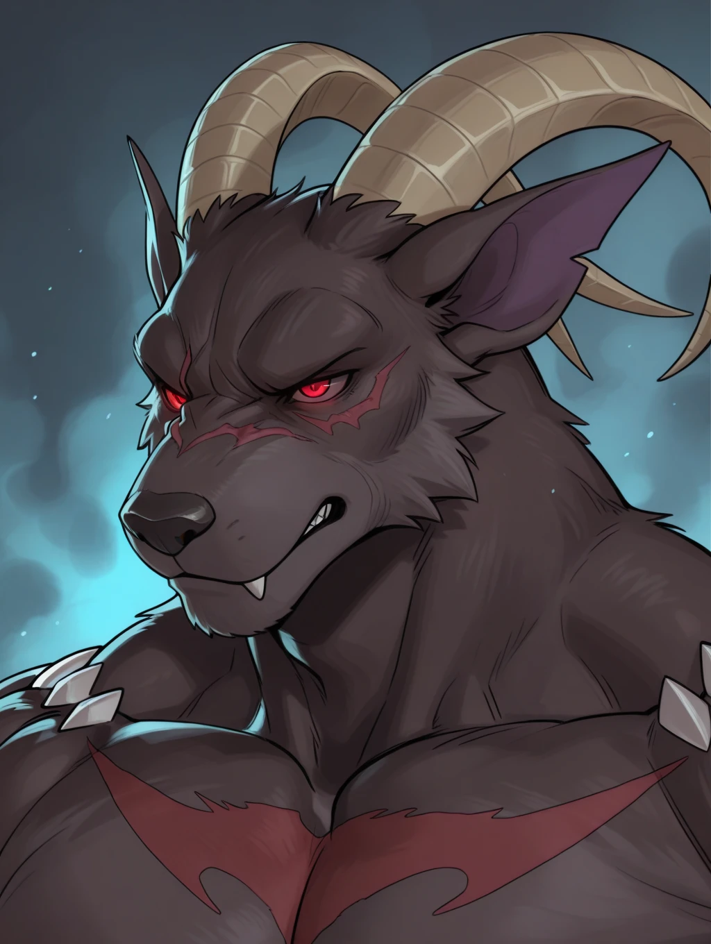 A male anthropomorphic fluffy dragon with dark gray fur and even darker hair in between the two horns. The two horns are red and curly with the tips pointing up. He has a red upside-down cross inbetween his two red eyes, and a long prehensile tail with a red spaded tip at the end.