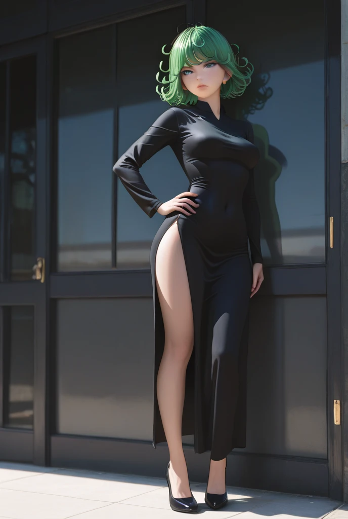 (masterpiece, best quality:1.2), cowboy shot, solo, 1girl, tatsumaki, ???????, closed mouth, looking at the viewer, ???, wide ????, black dress, ?????????????????, blue sky, clouds, ???????, green aura