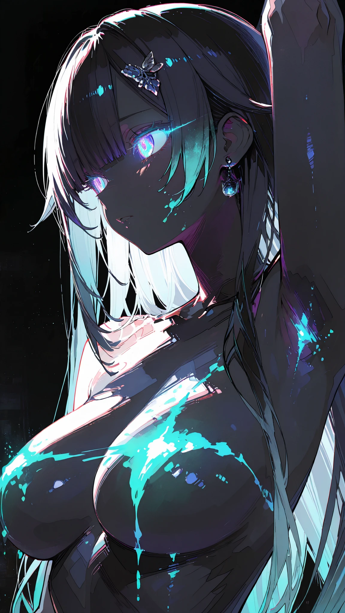 extremely detailed,highest detailed,UHD: Ultra High Definition,extremely intricate,photo painting, High resolution,HDR: High Dynamic Range,Pixel density,Image sharpening,Noise reduction,Image stabilization,Color correction,Contrast adjustment, Saturation boost,4K resolution, 8K resolution,Image enhancement,Detail enhancement,Image clarity,Retina display,OLED: Organic Light Emitting Diodes,QLED: Quantum Dot Light EmittingDiodes,Super-resolution,Upscaling,Deblurring,Anti-aliasing,Post-processing,RAW format: RAW, JPEG compression,Pixel interpolation, Dynamic range increase,Light balance,Tone mapping, Gamma correction,Texture enhancement,White balance,Exposure adjustment,Digital zoom,Optical zoom,Megapixels, High-resolution,Crystal clear,Razor-sharp,High-definition,Picture-perfect,Enhanced clarity,Impeccable detail,Unsurpassed sharpness,Ultra-sharp,Unrivaled resolution,Pristine quality,Optimal sharpness,best quality, detailed, absolutely amazing, highly detailed, fine, high quality, insanely detailed, masterpiece, ultra-detailed, super high resolution, solo,1 girl, 1 person,((face emphasis)), highest quality, super detailed, masterpiece, best quality, super beautiful, {{{masterpiece}}}, {{{highest quality}}}, {{super detailed}}, {illustration}, {{very delicate and beautiful}}, perspective,748cmstyle, aaema, long hair, gradient hair, hair ornament, earrings, blue eyes,floating , Black hair, black skin, glowing eyes, a large amount of neon paint on the body:1.5, Colorful fluorescent paint light blue glowing paint:1.5, pink glowing paint:1.5, Green glowing paint:1.5,Black background, pitch black space, , upper body,, no lighting, paint in hair, paint on face, ultraviolet light:1.5, Massage the :1.5, from the side, Armpits,