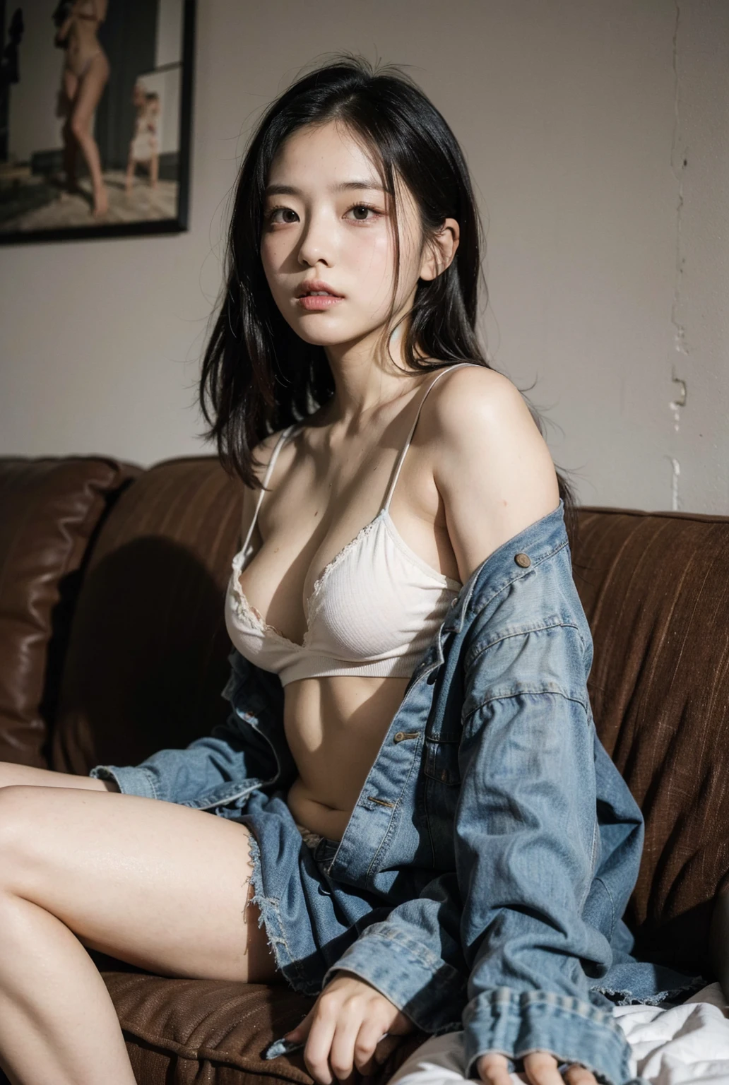 Mulan sitting on the couch looking at the camera, fully body, open jacket without buttons , ???????, beautiful ?????????????? showing , sexly , ripped mini skirt , legs spread open, beautiful smiling, long  hair, surreal ,