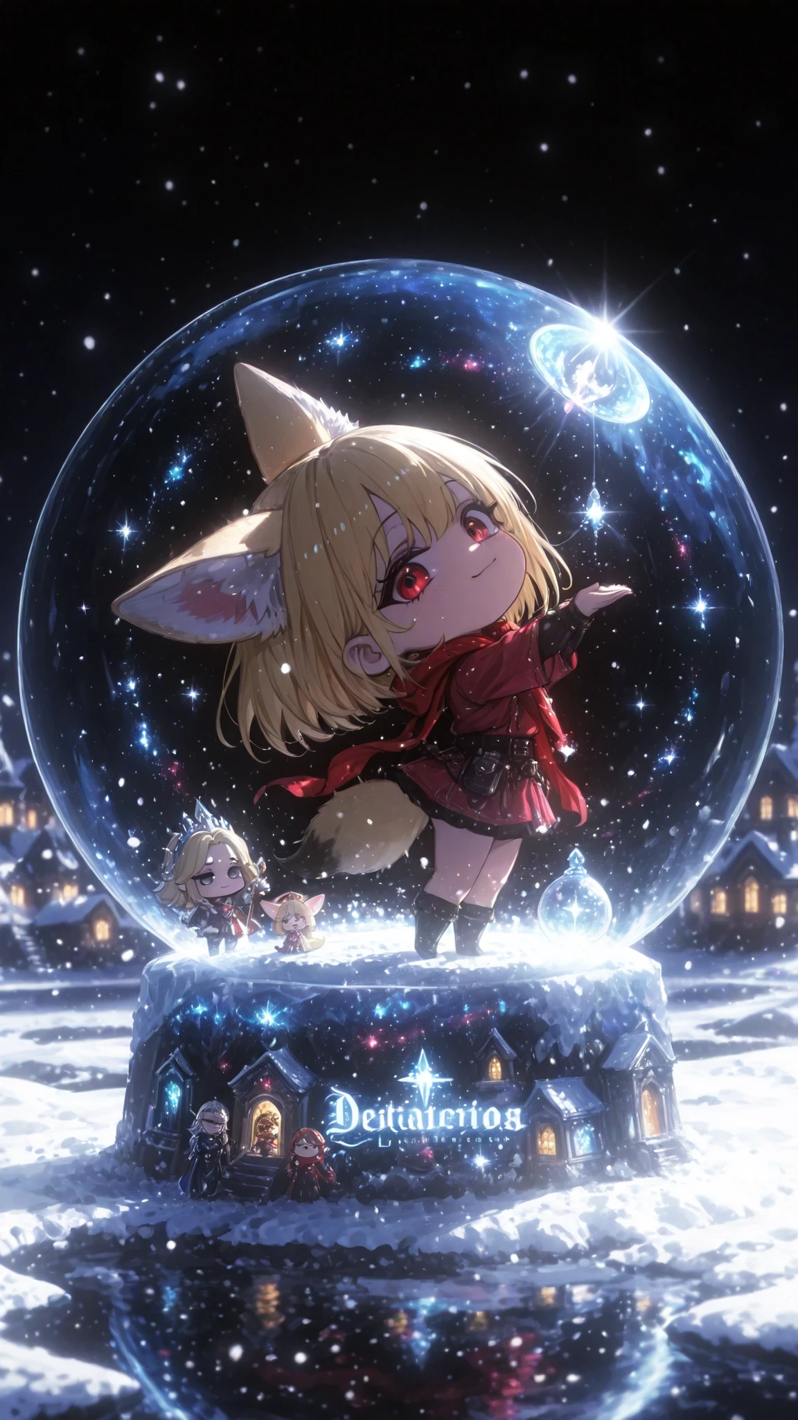 a transparent snow dome containing a lindo fennec fox miniature wearing a red scarf,
de pie en un pequeño pueblo nevado bajo un cielo estrellado, farolas resplandecientes,
nieve que cae, atmósfera onírica y mágica, iluminación cinematográfica, arte de diorama de fantasía ,
hora azul, auroras ,
1girl , solo , chica zorro fennec , lindo , (chibi:1.5) , superdeformado , flotando reclinado, , gravedad cero, mirada de reojo, brazos extendidos, rodillas arriba, toma amplia, cuerpo completo, desde un lado , globo de nieve ,
feliz, smile, boca abierta,
reflejo de ojos , ojos humedecidos , rasgos bien definidos , a beautiful face , ojos hermosos , cabello fino , piel fina ,
( oclusión ambiental:0.9 ) , obra maestra , mejor calidad , ultra-detallado , alta resolución , buen , CG extremadamente detallado , fondo de pantalla de unity 8k , piel súper detallada , perfecto , rostro hermoso detallado , detailed ojos hermosos , alta resolución , claroscuro , fondo muy detallado , ropa elaboradamente diseñada , iluminación dramática , ángulo dramático , partículas ligeras , crudo