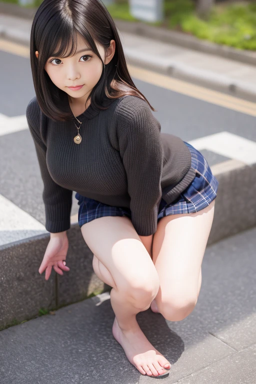 ((highest quality、8k、masterpiece:1.3)),((((cowboy shot)))),Ultra-high resolution,big eyes,Japanese,bangs,(a girl),(1 girl),((20 years old)),((facing at viewer)),(long hair),(((black sweater))),grin,((squatting)),(((pleated mini skirt))),(((pussy))),((pubic hair)),((skirt lift)),(((black short crew socks)))
