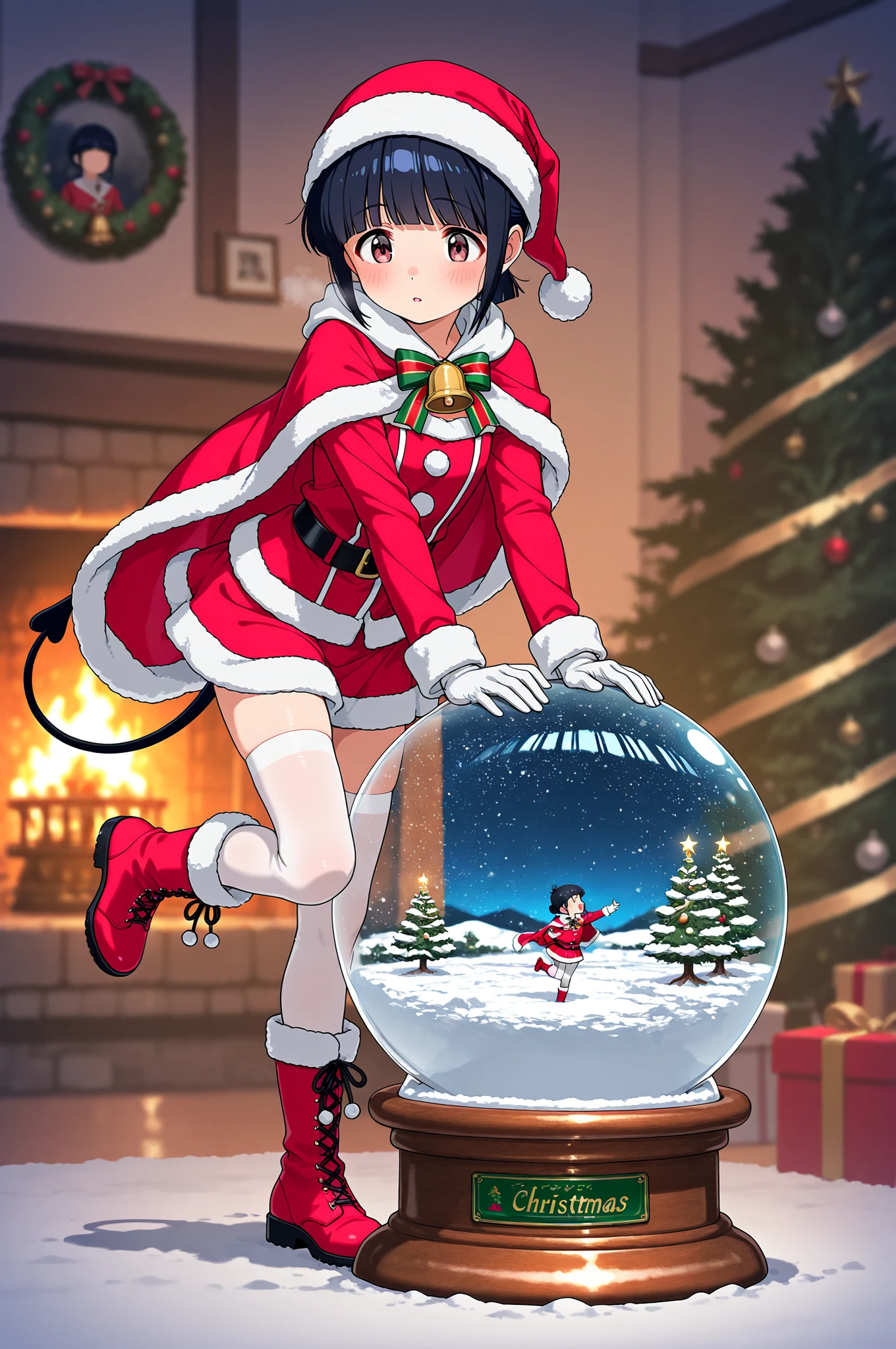young hinata hyuga , wearing a Christmas suit with a cape, white gloves on her hands,It is inside a snow globe placed on a piece of furniture in Santa's house, white stockings under a short skirt, red plush boots, one foot up, and a big bell tied to the black tail behind her, looking at the best quality of the shot, masterpiece, high detail, perfect light and shadow, Christmas atmosphere, blurred background