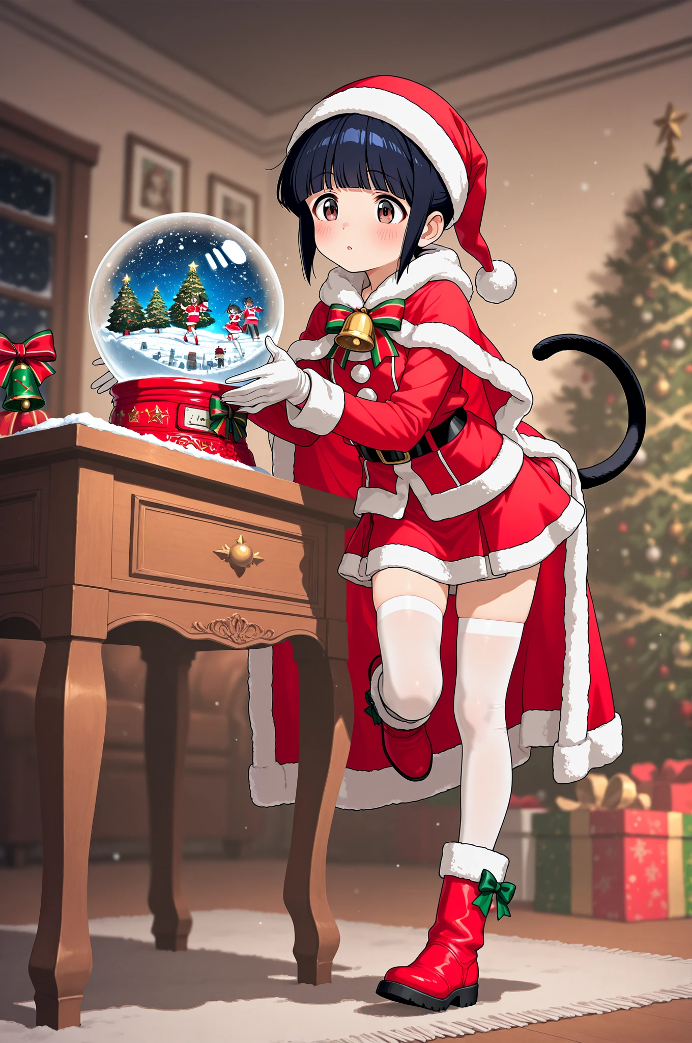 young hinata hyuga , wearing a Christmas suit with a cape, white gloves on her hands,It is inside a snow globe placed on a piece of furniture in Santa's house, white stockings under a short skirt, red plush boots, one foot up, and a big bell tied to the black tail behind her, looking at the best quality of the shot, masterpiece, high detail, perfect light and shadow, Christmas atmosphere, blurred background