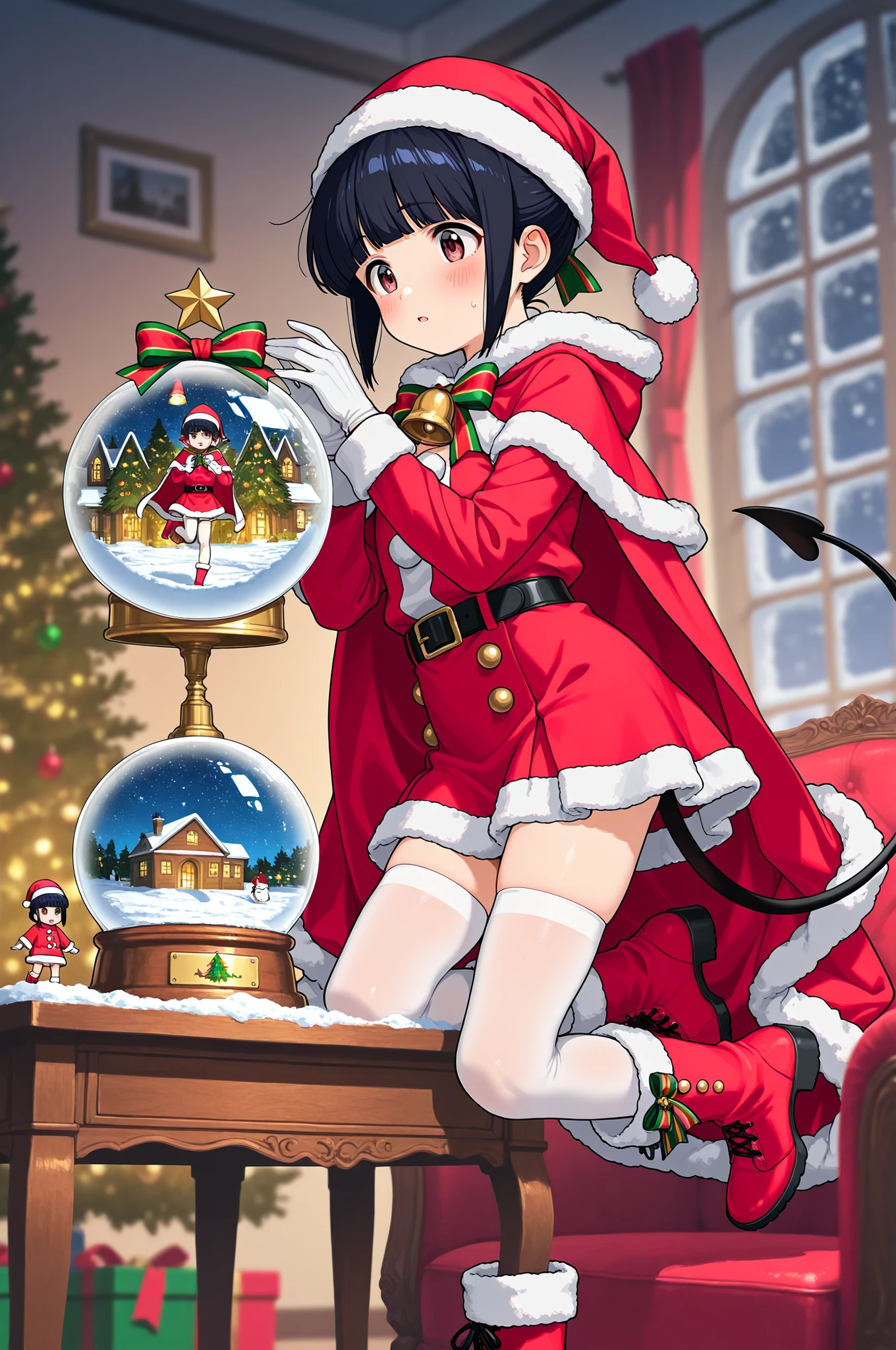 young hinata hyuga , wearing a Christmas suit with a cape, white gloves on her hands,It is inside a snow globe placed on a piece of furniture in Santa's house, white stockings under a short skirt, red plush boots, one foot up, and a big bell tied to the black tail behind her, looking at the best quality of the shot, masterpiece, high detail, perfect light and shadow, Christmas atmosphere, blurred background