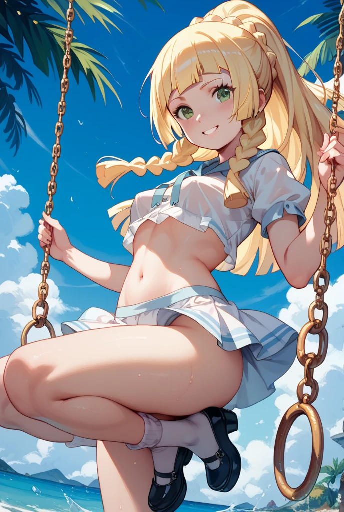 ,1 person,Sweat,White Breath,,solo,,Pokémon,Lillie,Groin bulge,bikini,Swimwear