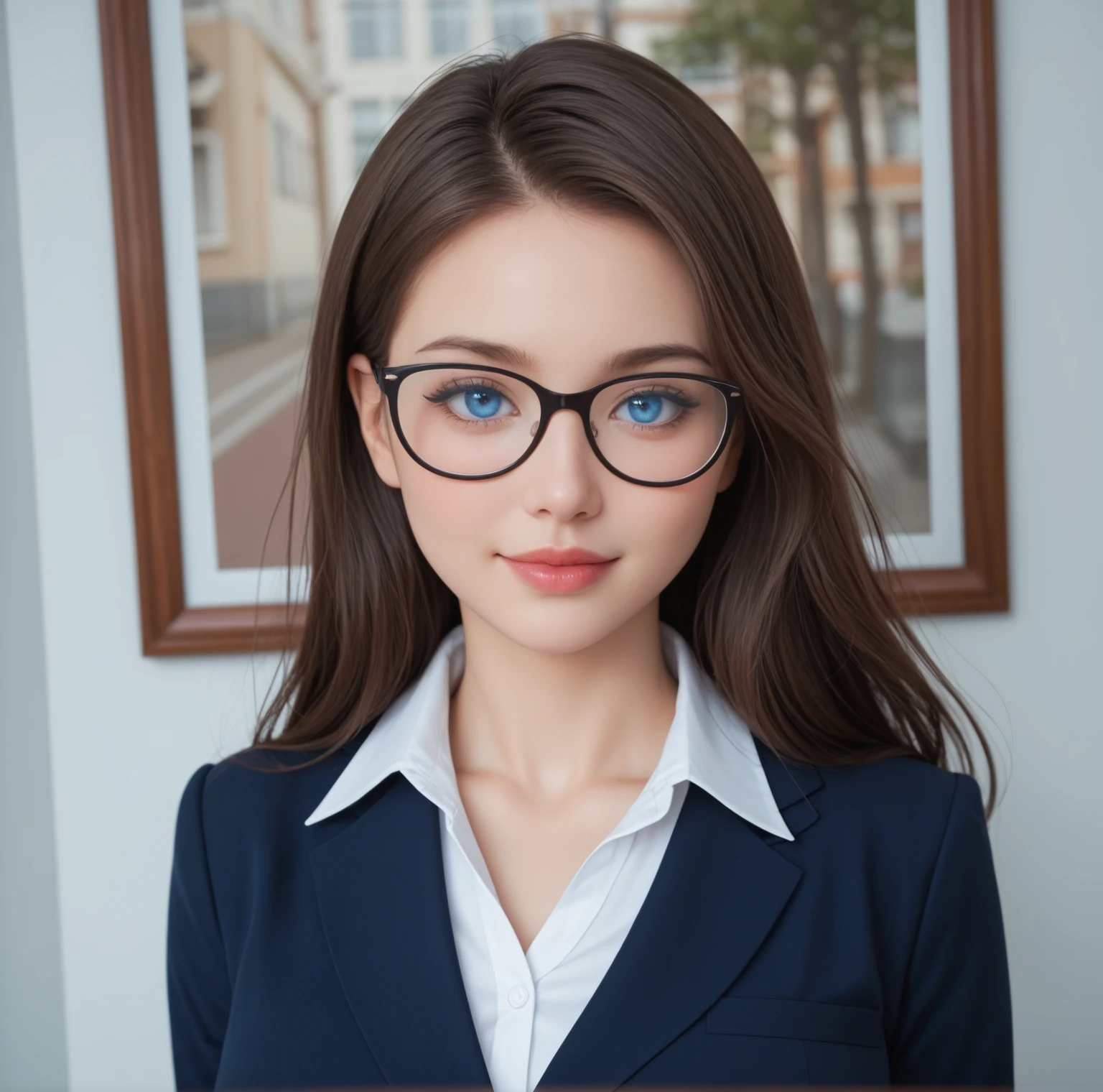 large breasts, 8K quality, Picture of a beautiful girl, She is wearing a school uniform and smiles thinly, (She has beautiful blue eyes and features thin rimmed silver-rimmed glasses), has big bright eyes and long eyelashes, Beautiful brunette hair sweeps big in strong winds, Her breasts are in a high position and round, super big breasts, My waist is thin and my breasts are super huge, 