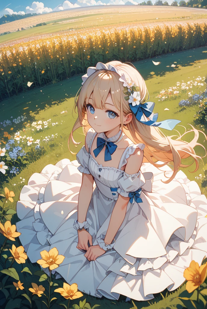 top quality, full body portrait, 1girl, European, blonde hair, delicate face, cute face, 26 year old, mature Female, lifted-up full brests, delicate ,1boy, imminent , , green summer dress, off-shoulder style, white lace , white socks, brown penny loafers, seating on wood bench on lush green lawn in park, Colorful roses are blooming throughout the park, (shot from the front:1.1), looking at viewer 、 --auto --s2